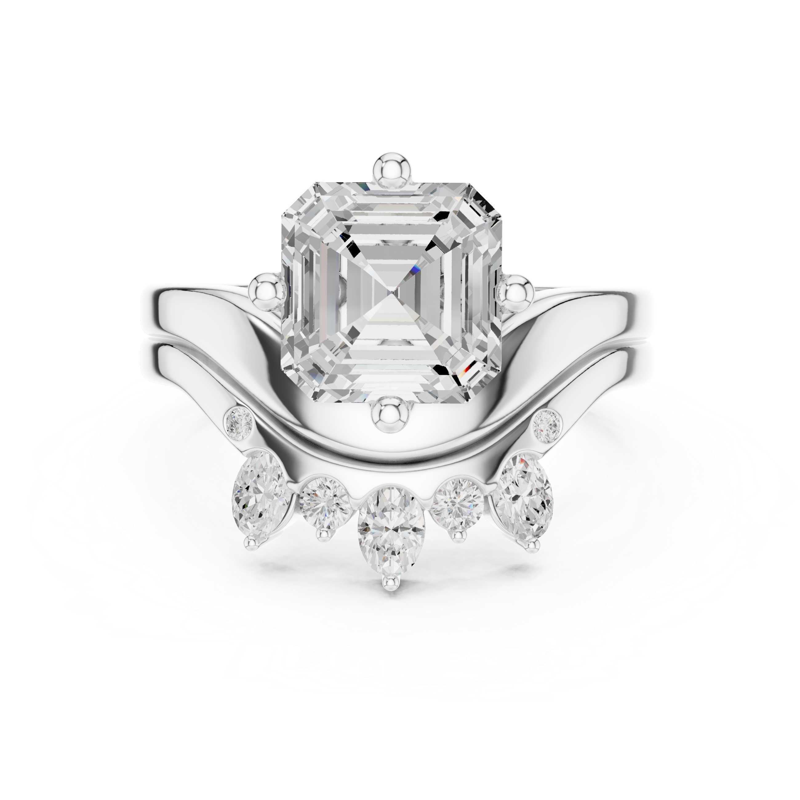 Asscher Cut Curved Bridal Ring Set with Diamond Crown Wedding Band
