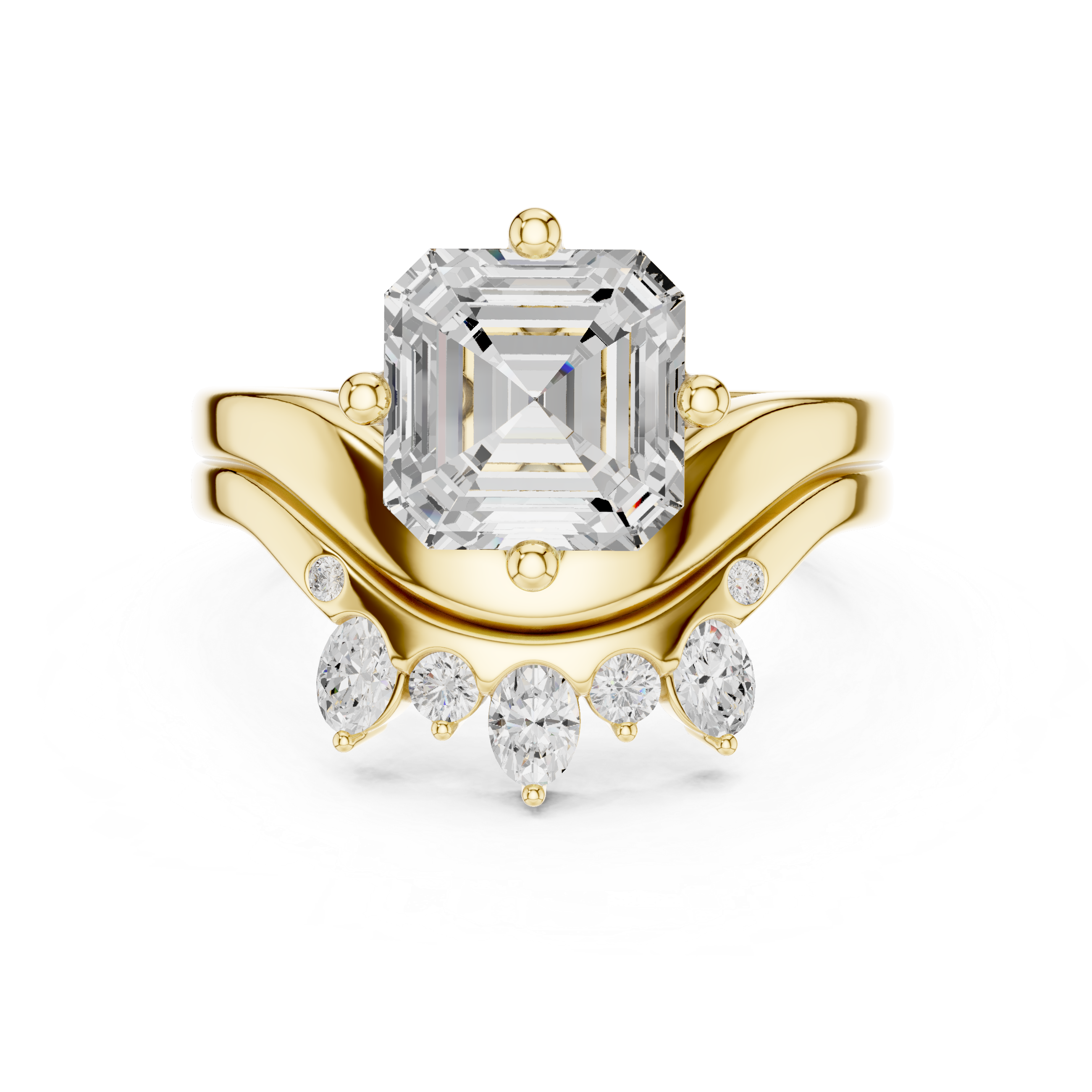 Asscher Cut Curved Bridal Ring Set with Diamond Crown Wedding Band