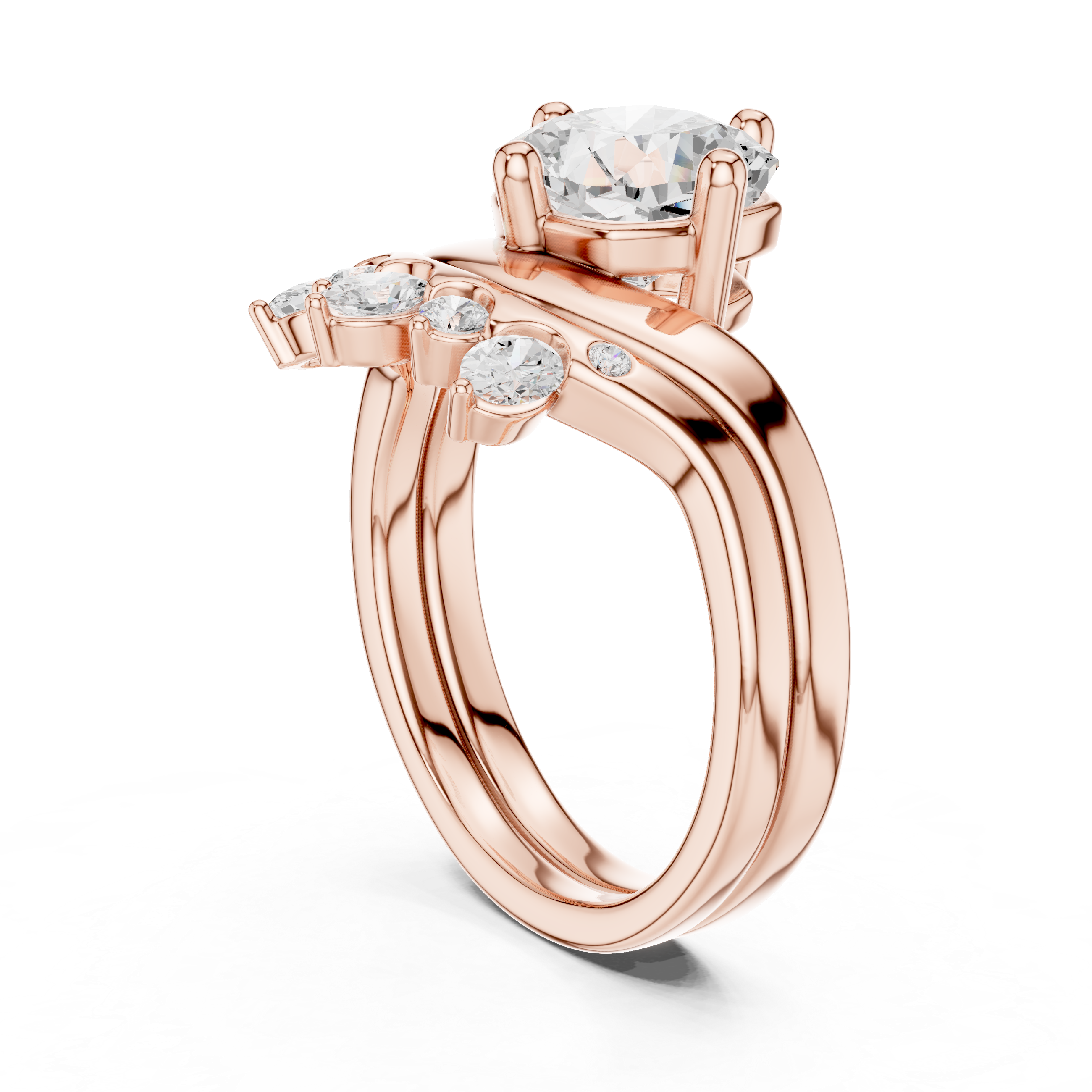 Cushion Cut Curved Bridal Ring Set with Diamond Crown Wedding Band