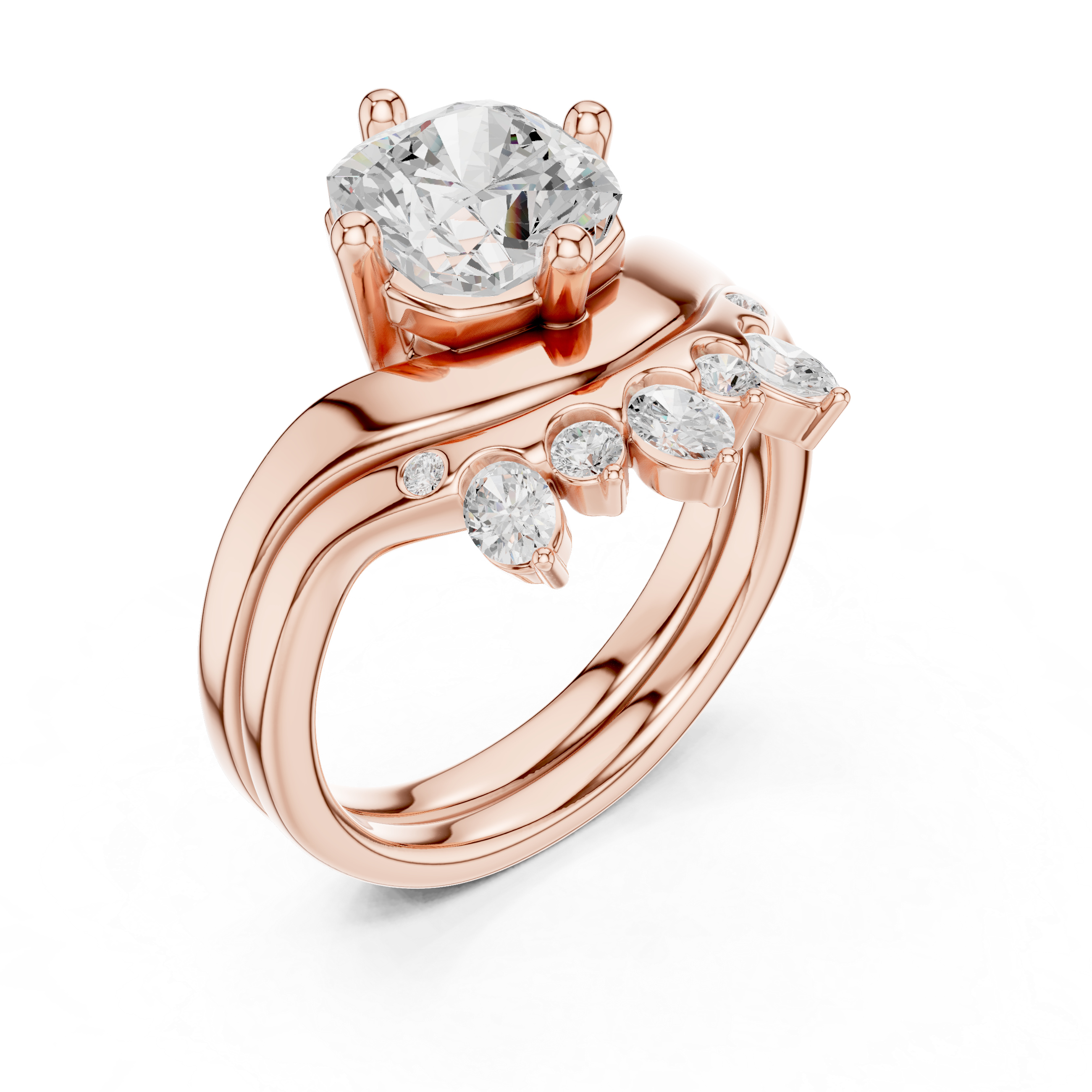 Cushion Cut Curved Bridal Ring Set with Diamond Crown Wedding Band