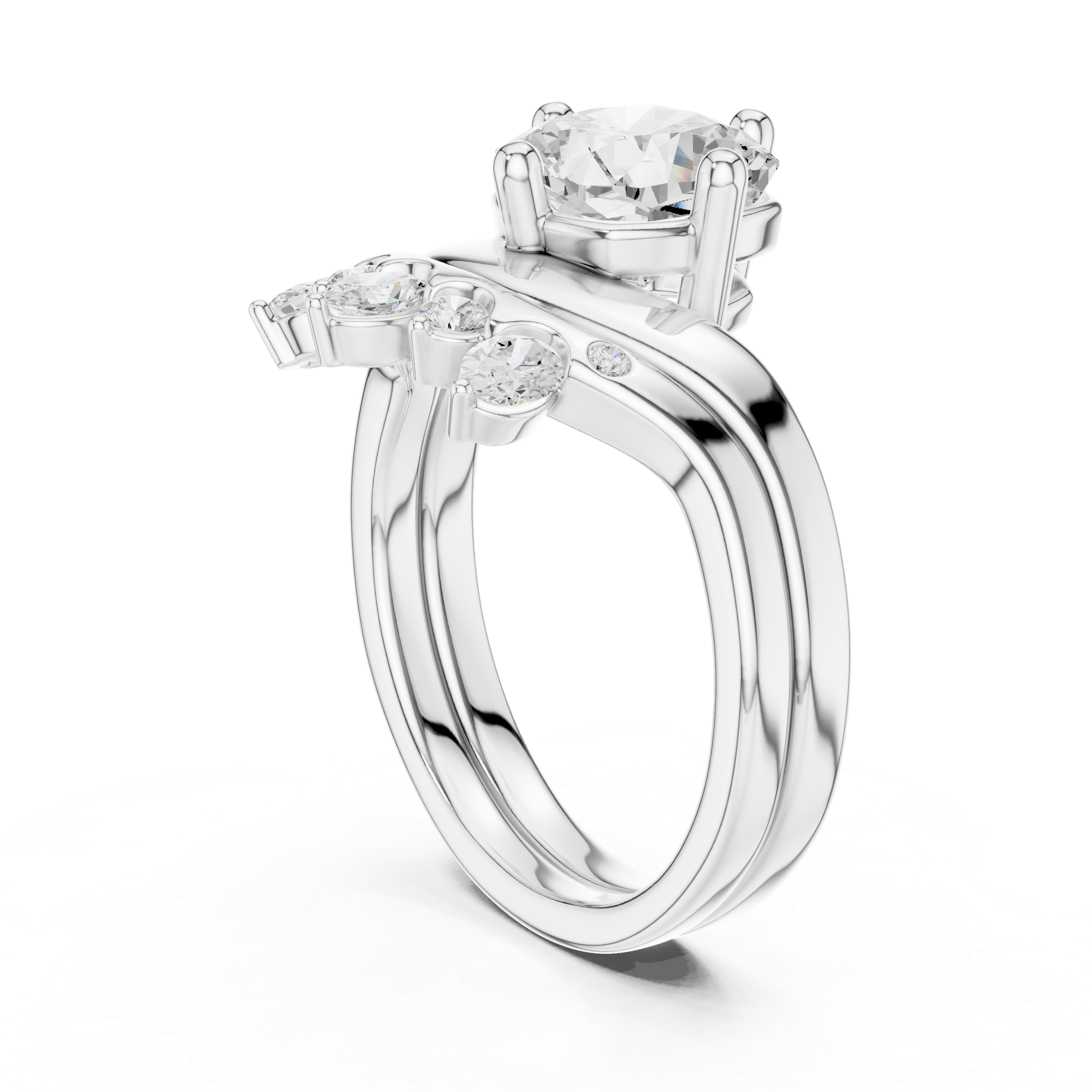 Cushion Cut Curved Bridal Ring Set with Diamond Crown Wedding Band