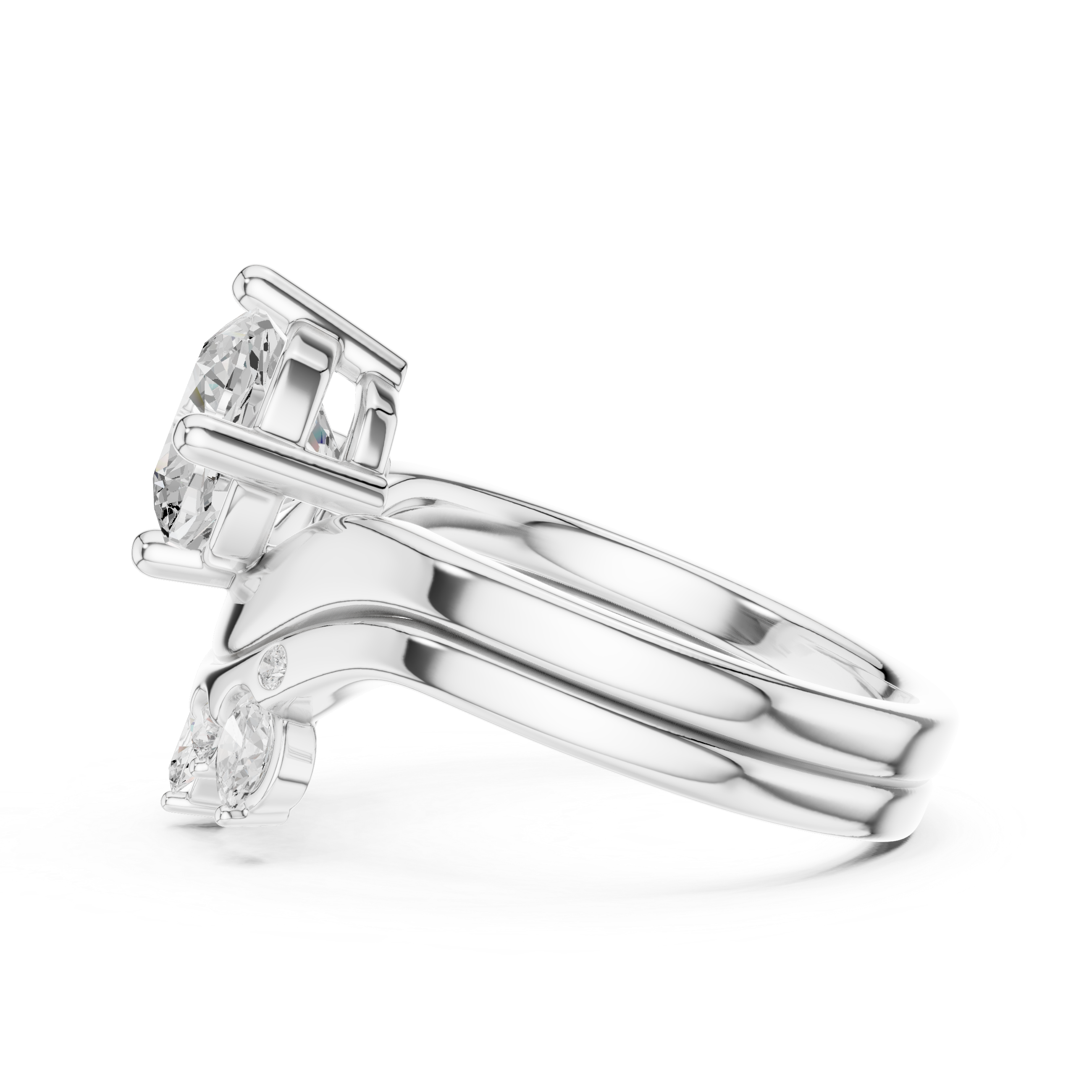 Cushion Cut Curved Bridal Ring Set with Diamond Crown Wedding Band