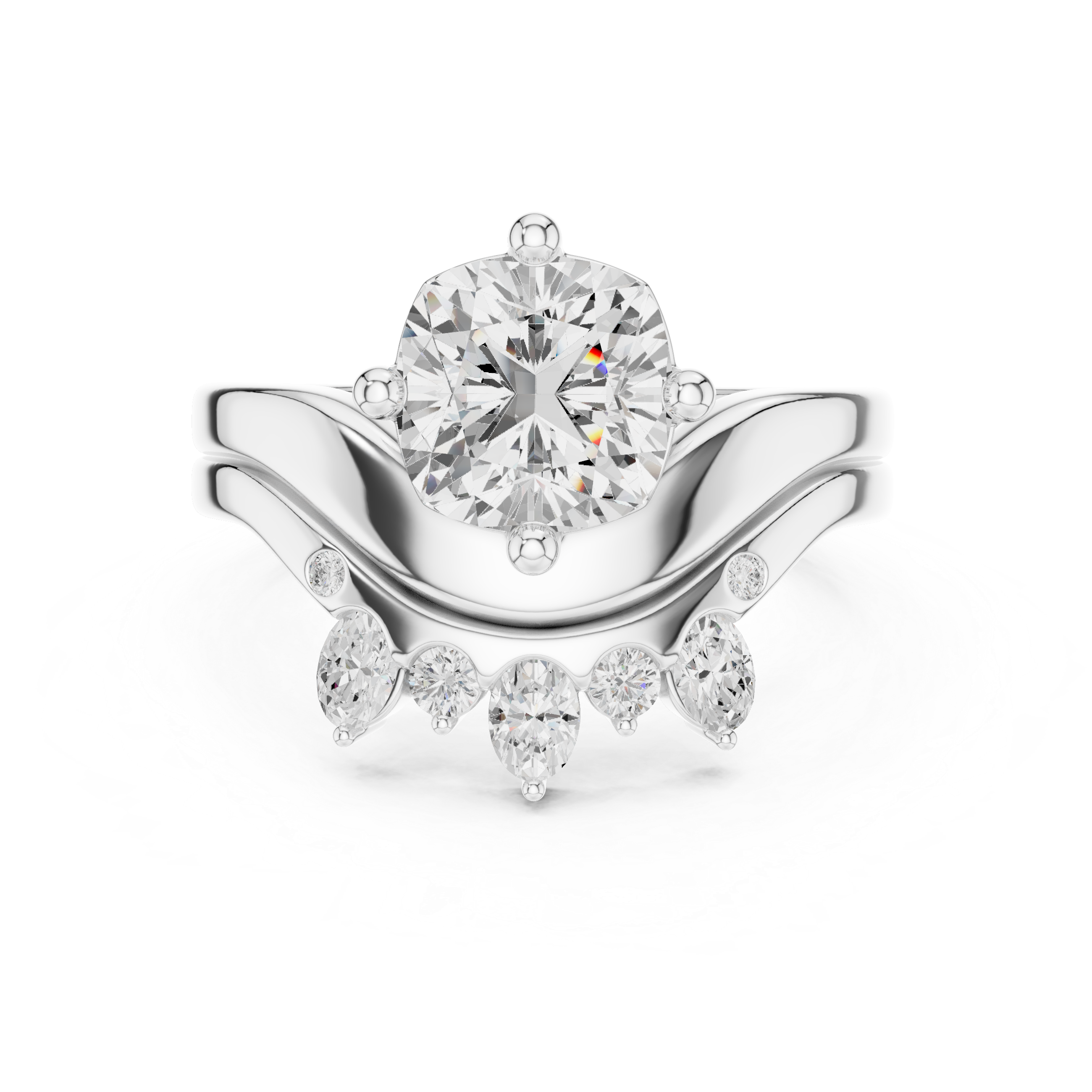 Cushion Cut Curved Bridal Ring Set with Diamond Crown Wedding Band
