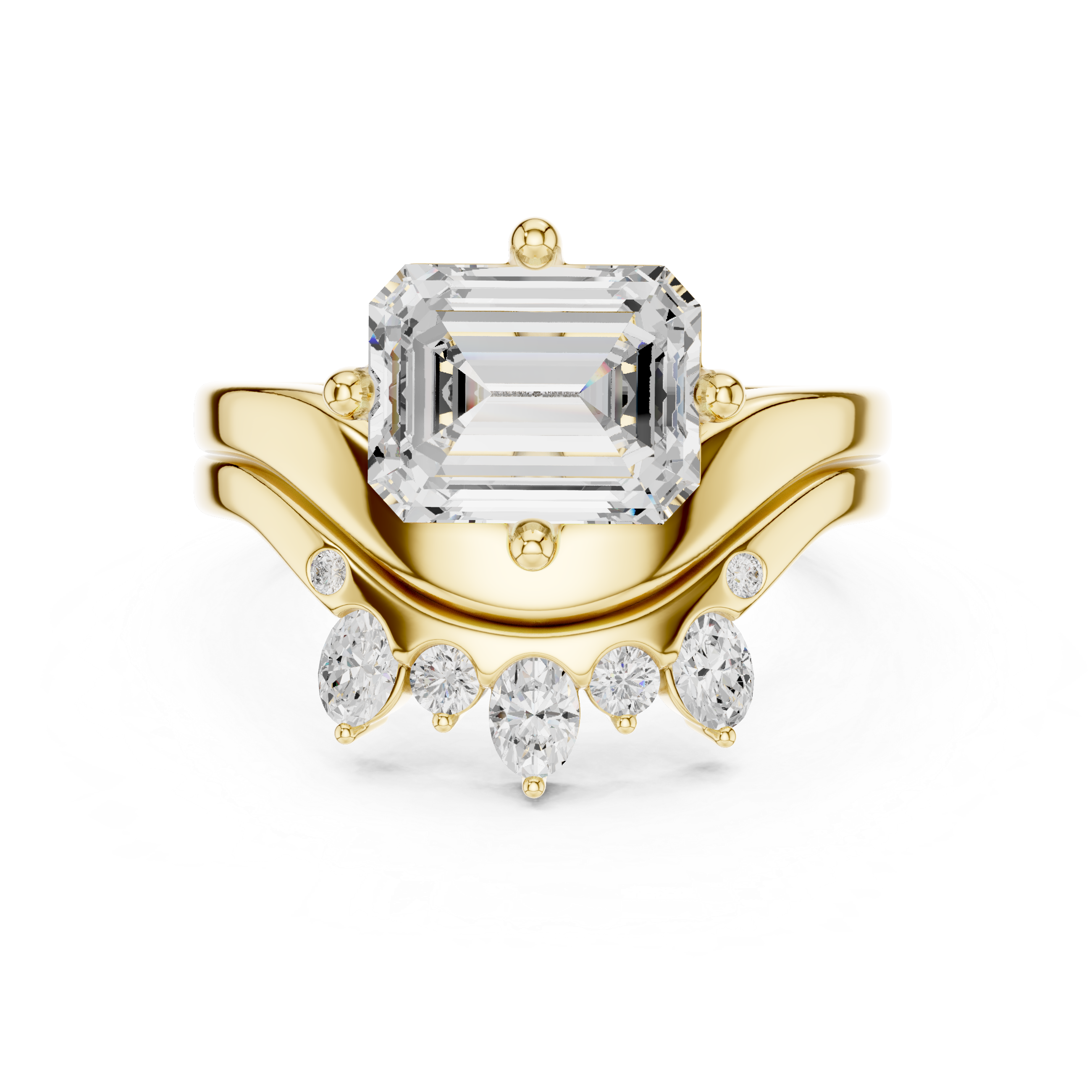 Emerald Cut Curved Bridal Ring Set with Diamond Crown Wedding Band