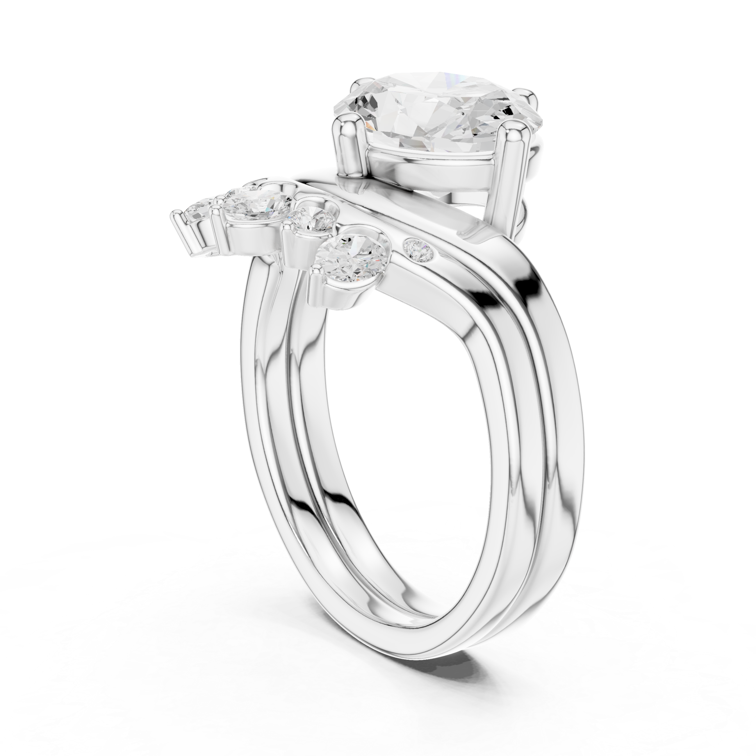 Oval Cut Curved Bridal Ring Set with Diamond Crown Wedding Band