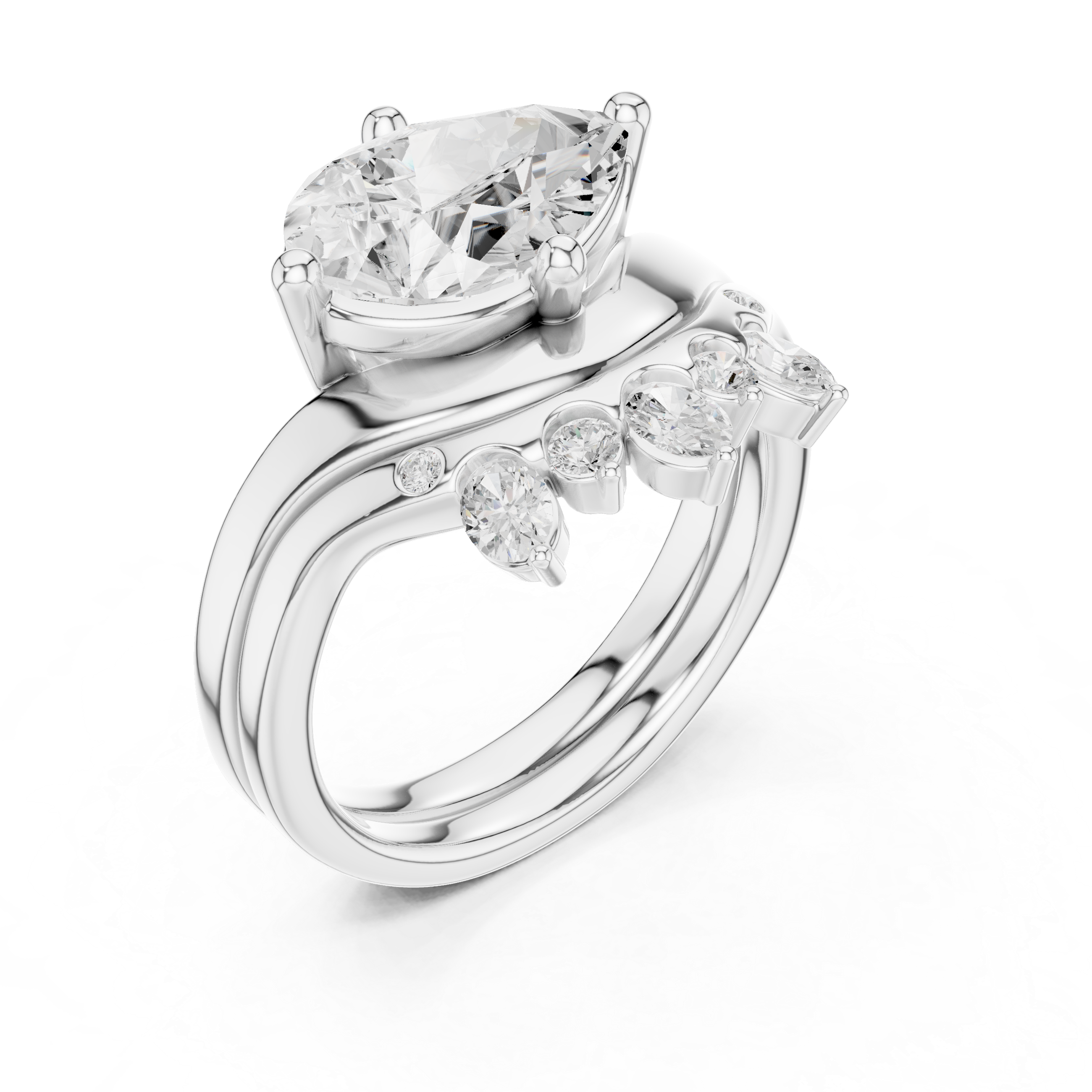 Pear Cut Curved Bridal Ring Set with Crown-Inspired Diamond Wedding Band