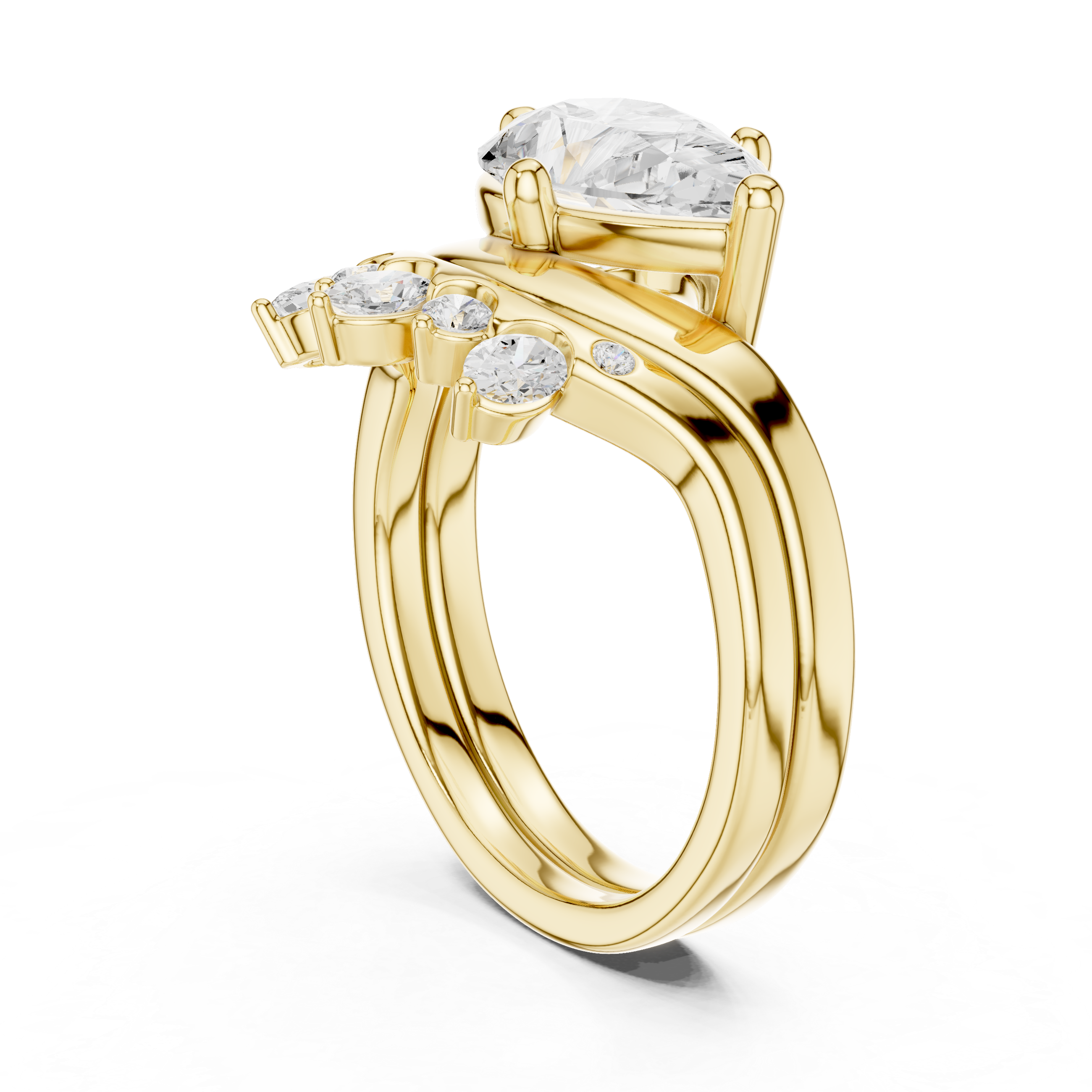 Pear Cut Curved Bridal Ring Set with Crown-Inspired Diamond Wedding Band
