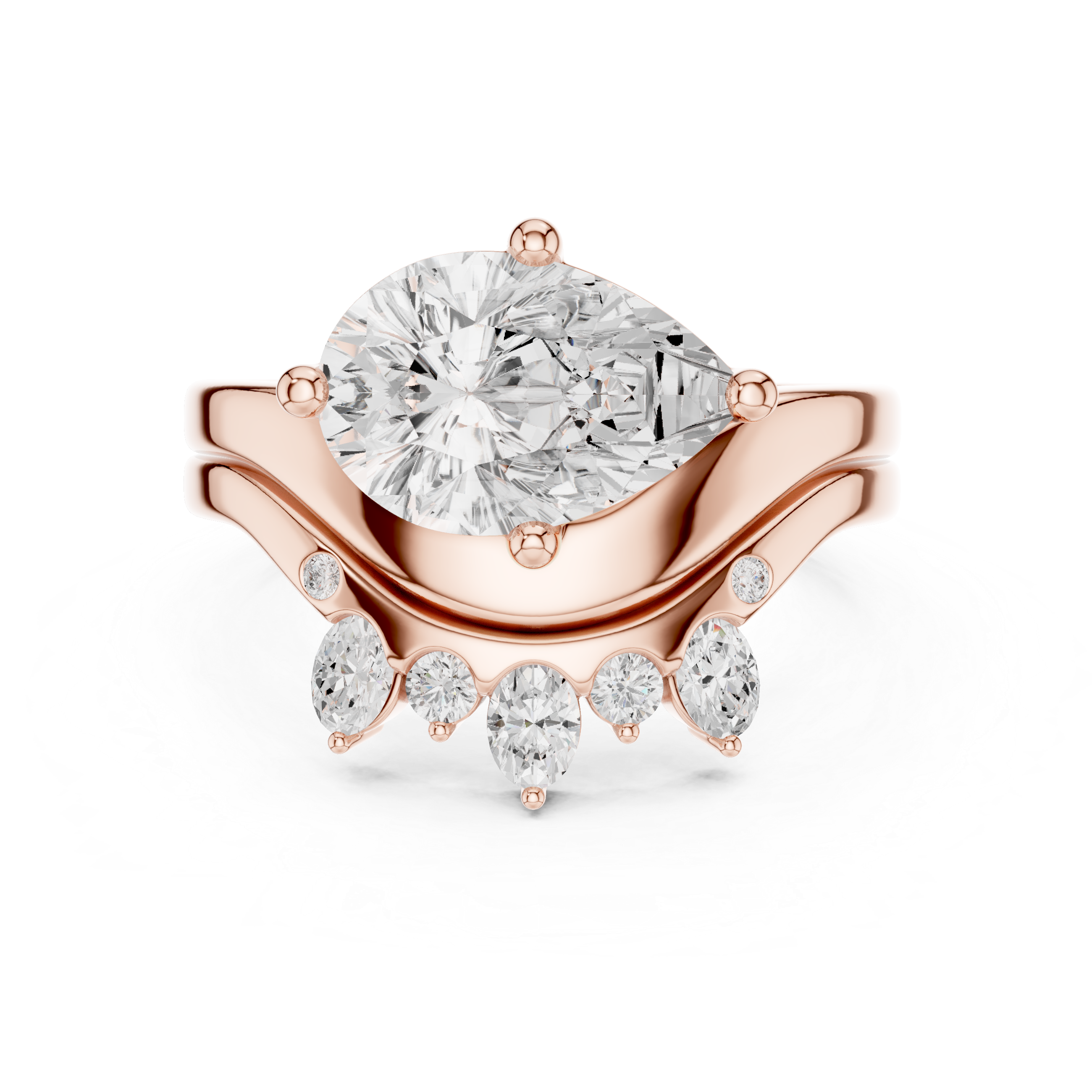 Pear Cut Curved Bridal Ring Set with Crown-Inspired Diamond Wedding Band
