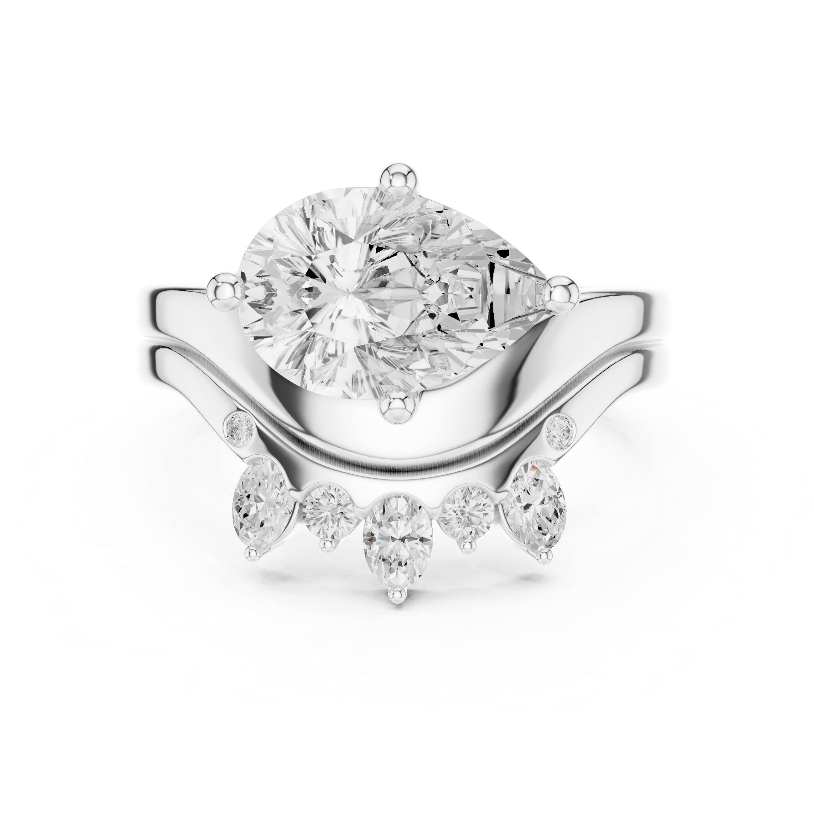 Pear Cut Curved Bridal Ring Set with Crown-Inspired Diamond Wedding Band
