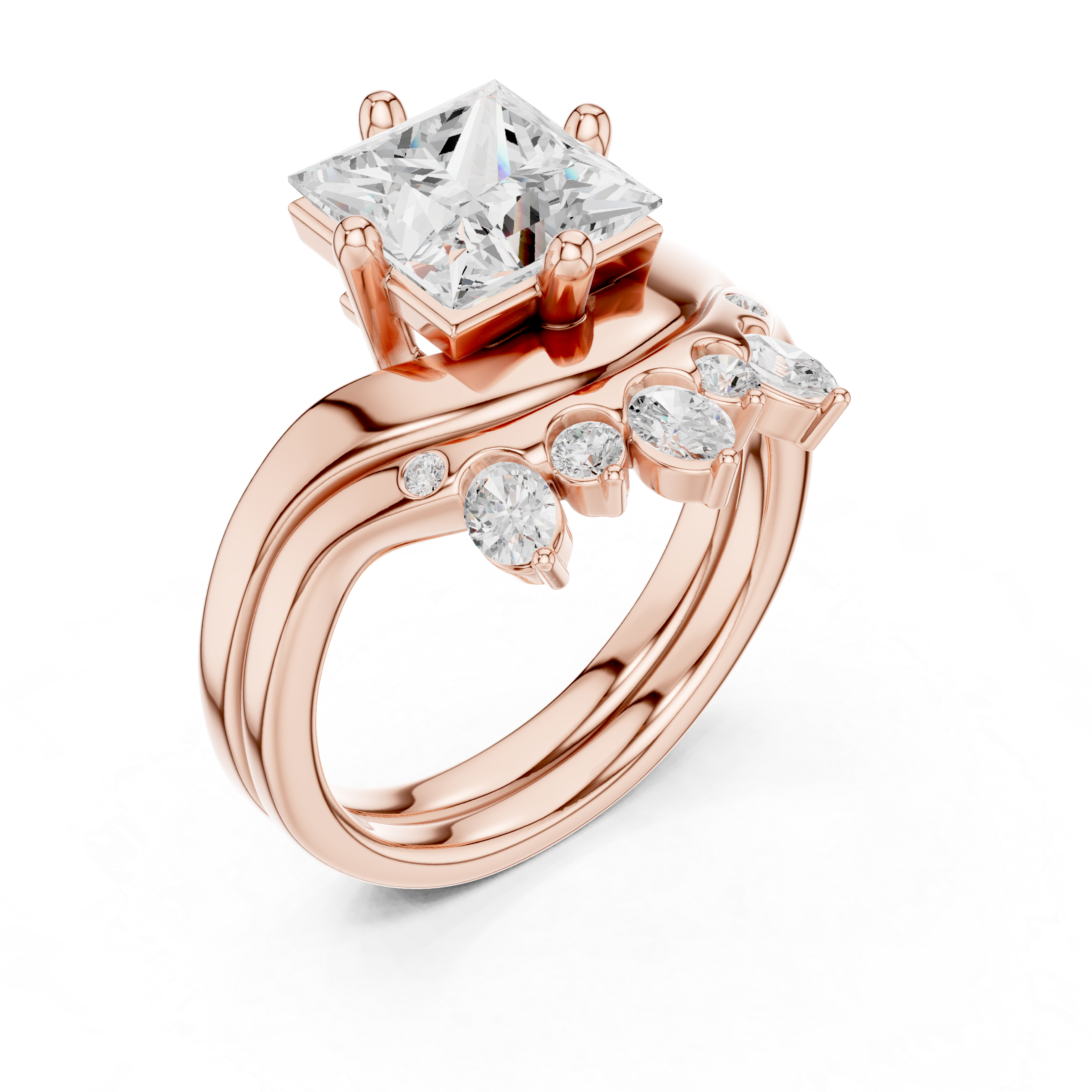 Princess Cut Curved Bridal Ring Set with Diamond Crown Wedding Band