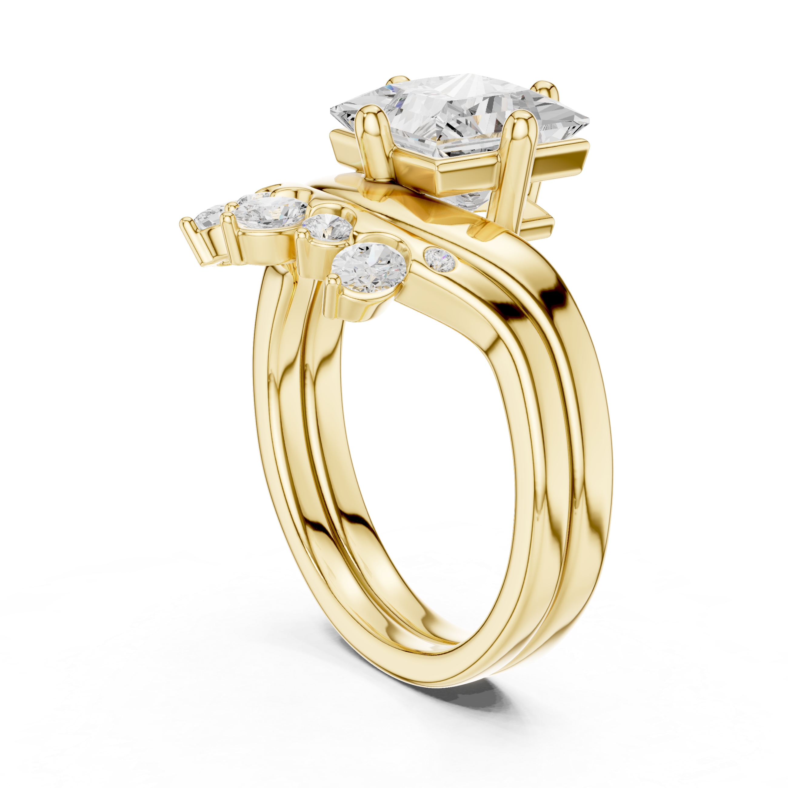 Princess Cut Curved Bridal Ring Set with Diamond Crown Wedding Band