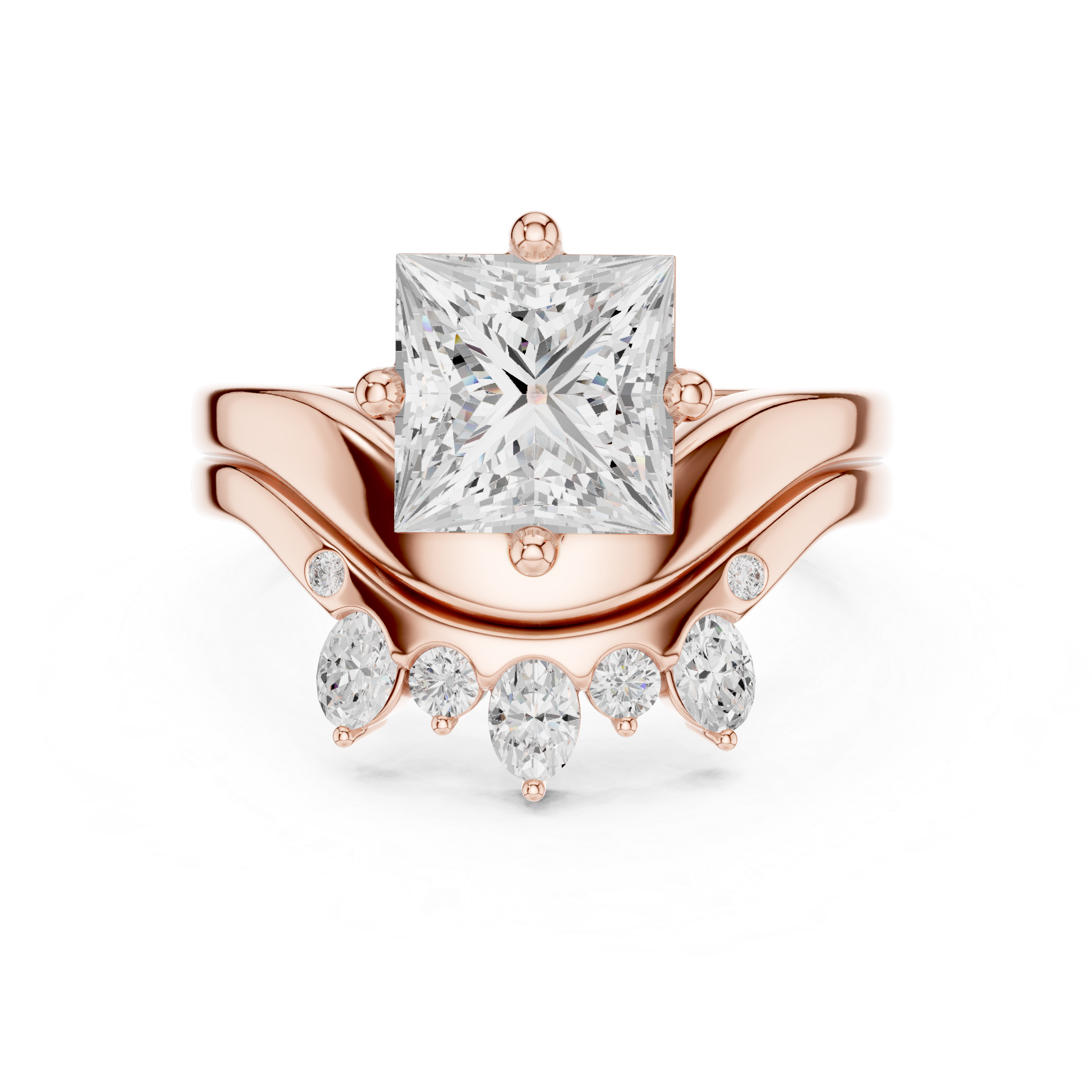 Princess Cut Curved Bridal Ring Set with Diamond Crown Wedding Band