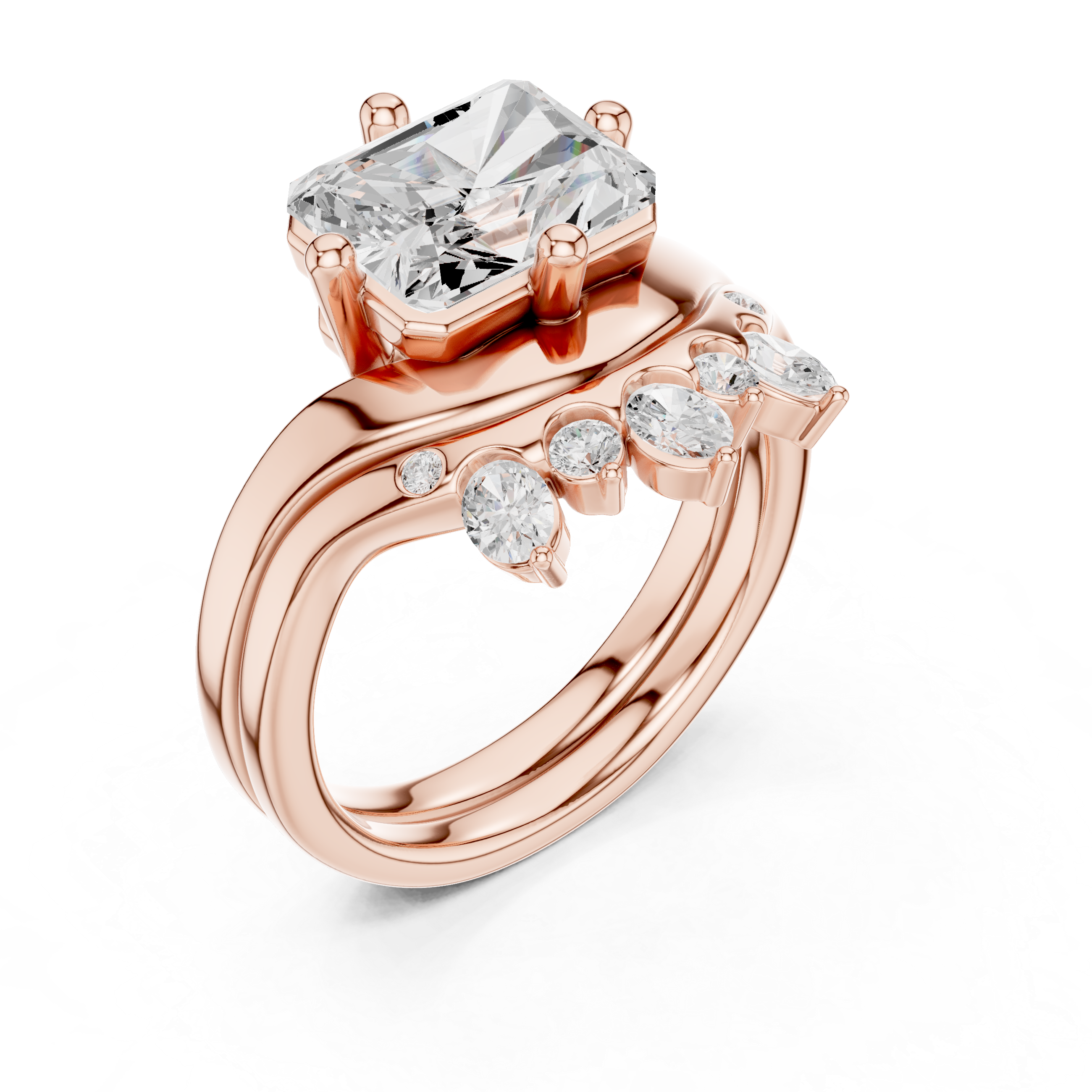 Radiant Cut Curved Bridal Ring Set with Crown-Inspired Diamond Wedding Band