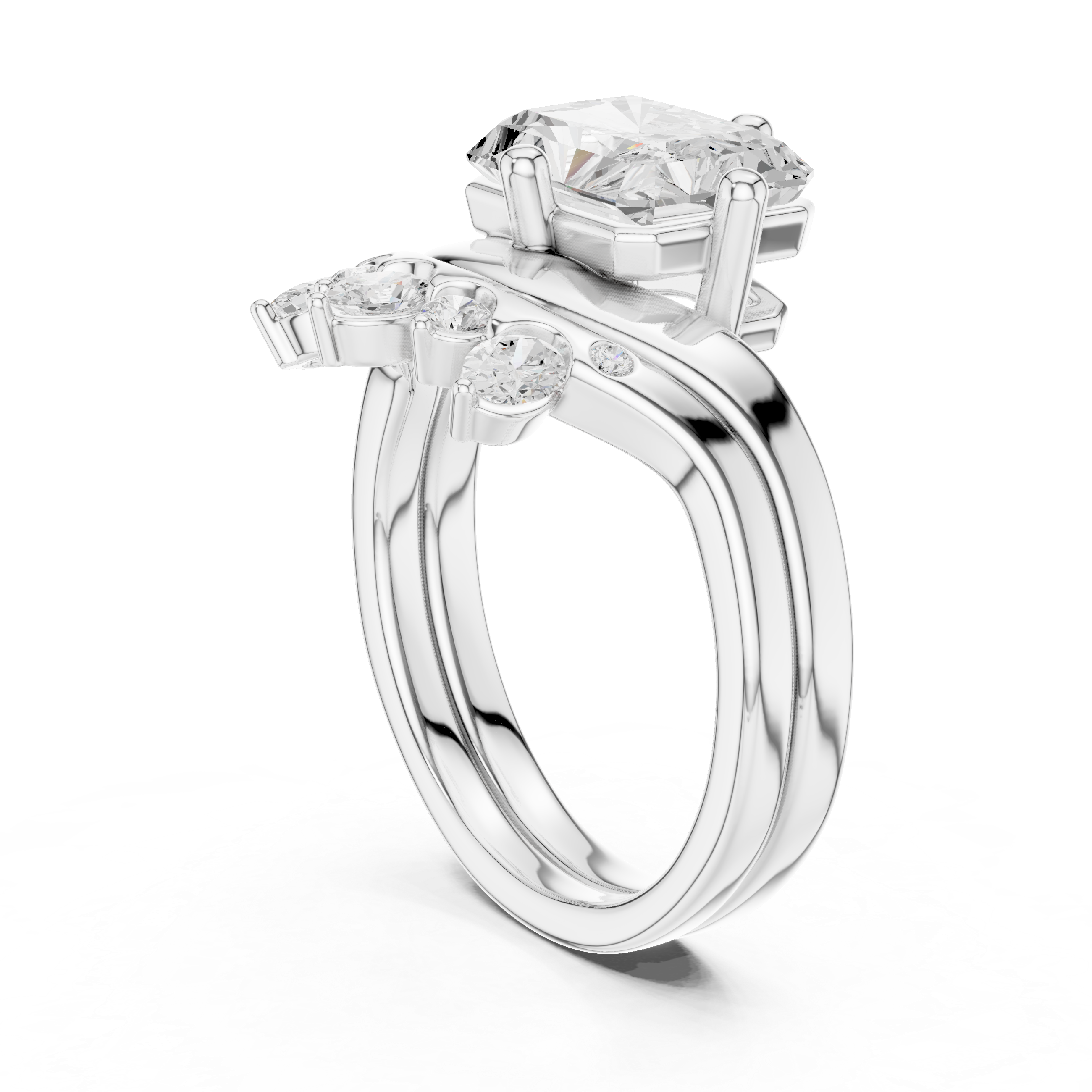Radiant Cut Curved Bridal Ring Set with Crown-Inspired Diamond Wedding Band