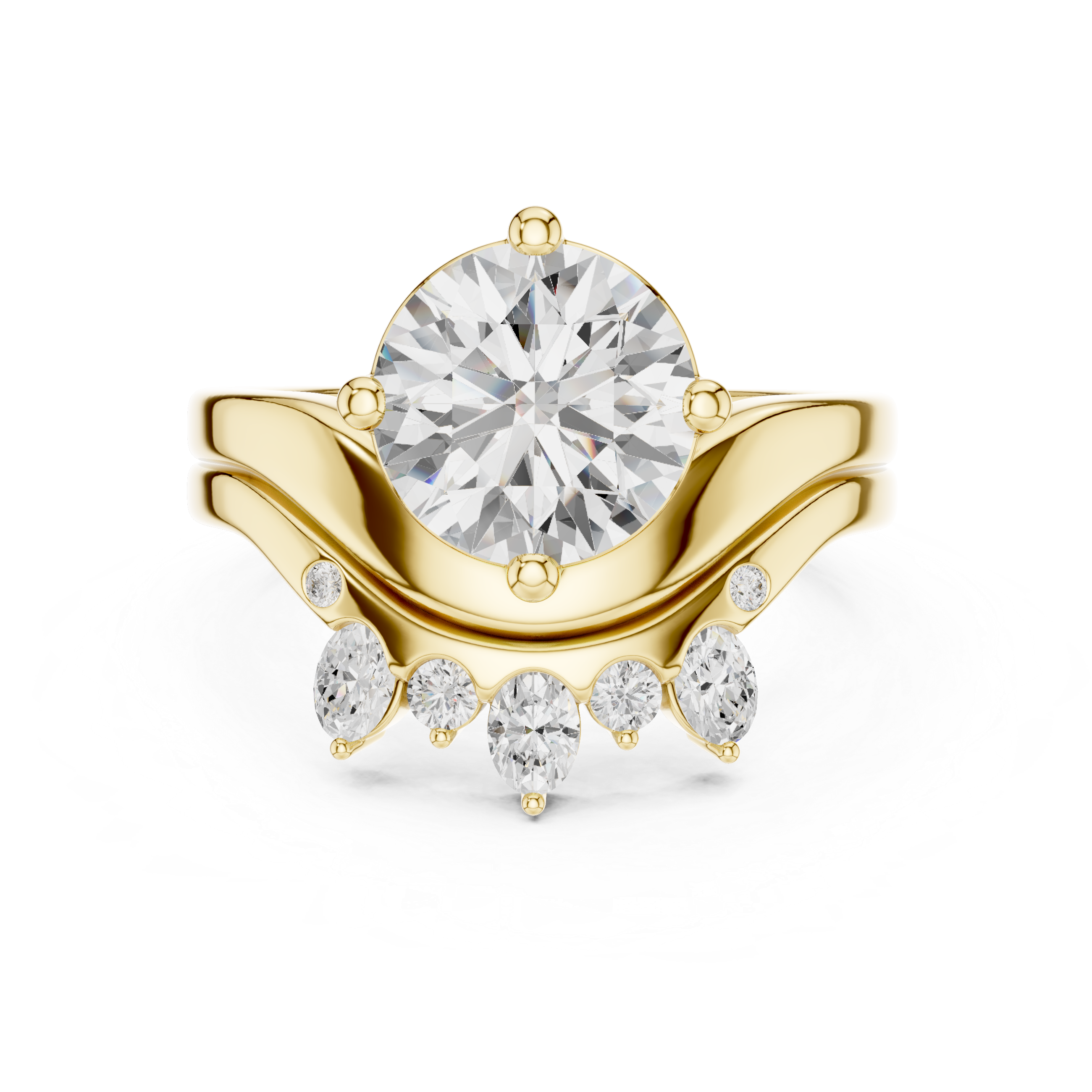 Round Brilliant Cut Curved Bridal Ring Set with Crown-Inspired Diamond Wedding Band