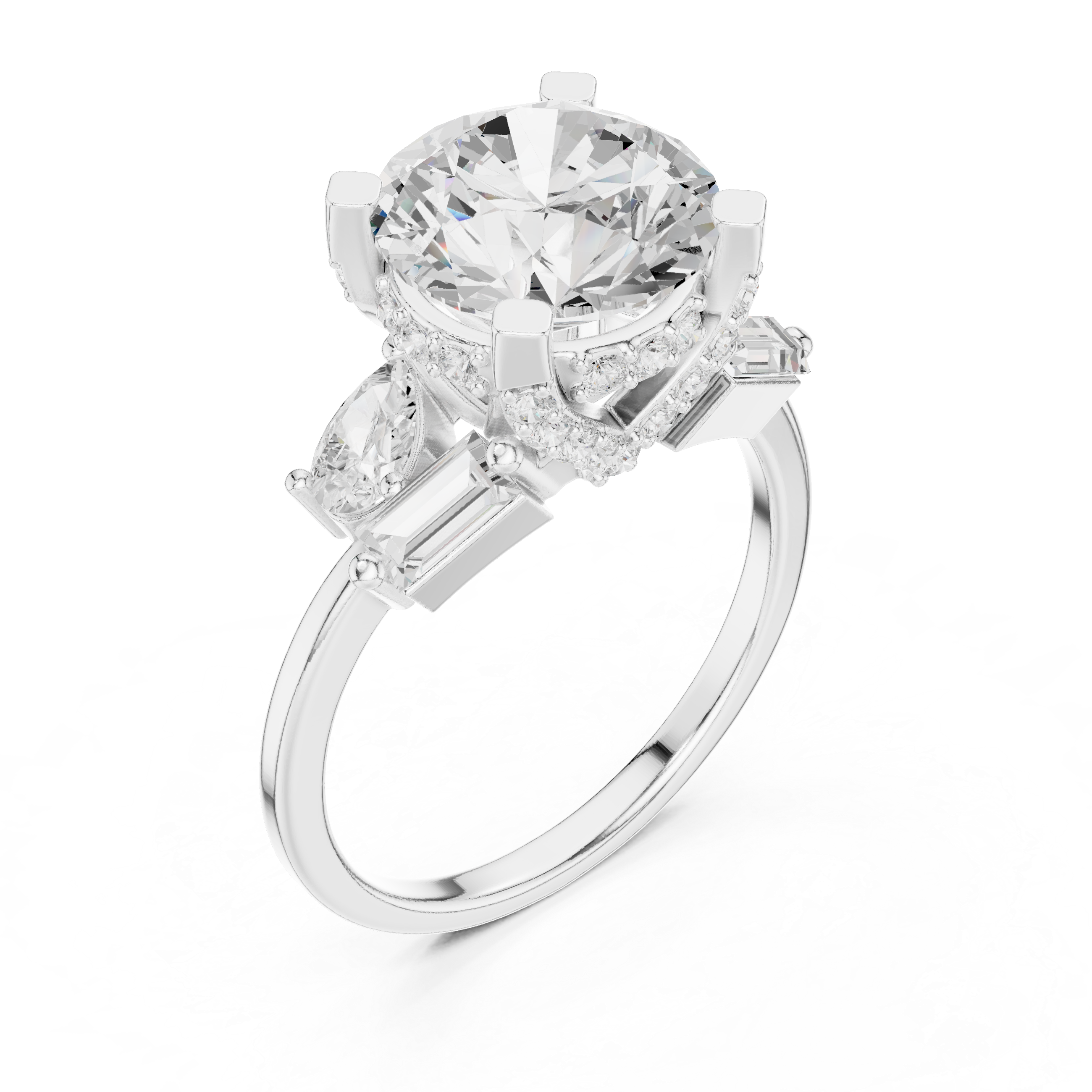 Round Diamond Engagement Ring with Pear & Baguette Side Stones