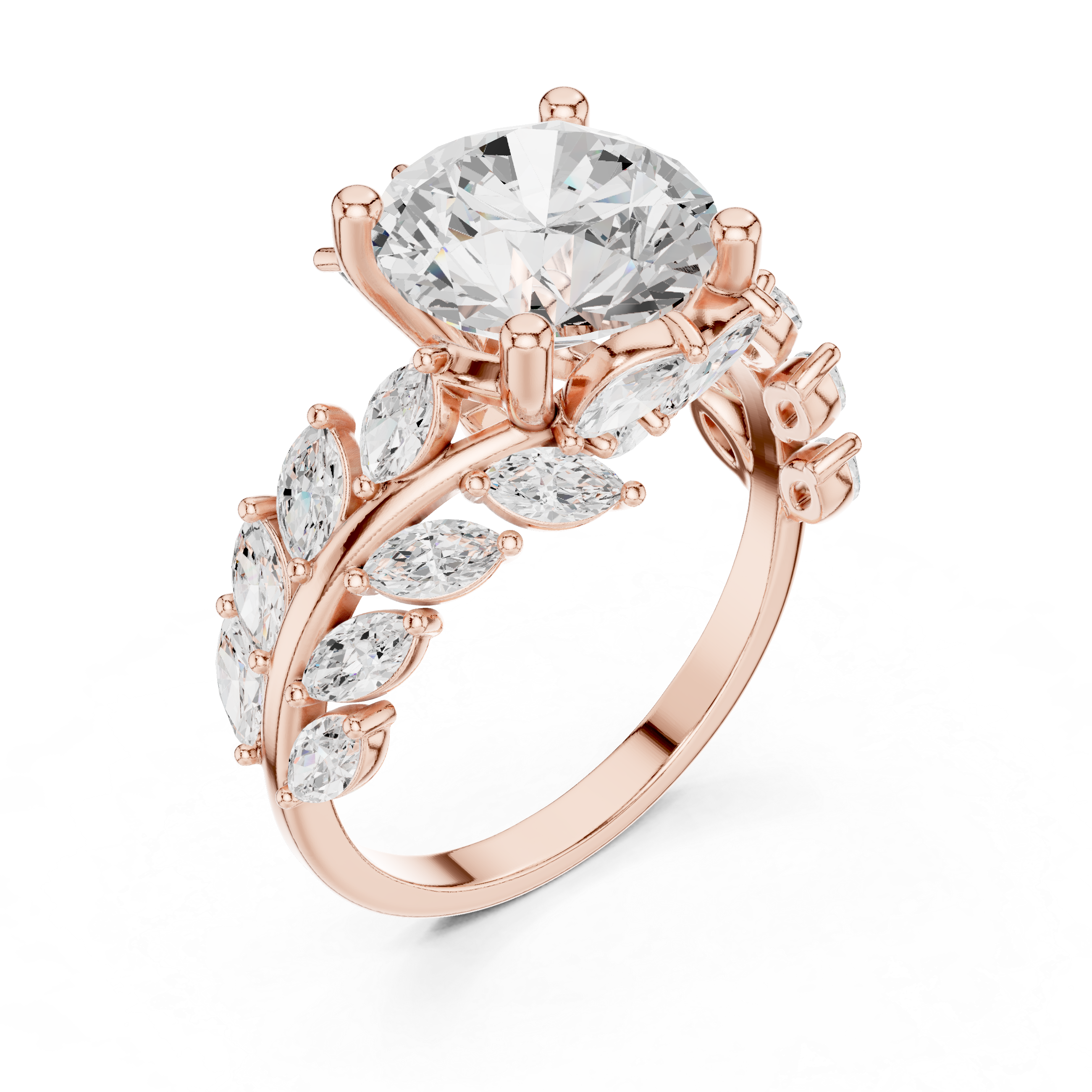 Round Diamond Solitaire Engagement Ring with Marquise Diamond Band