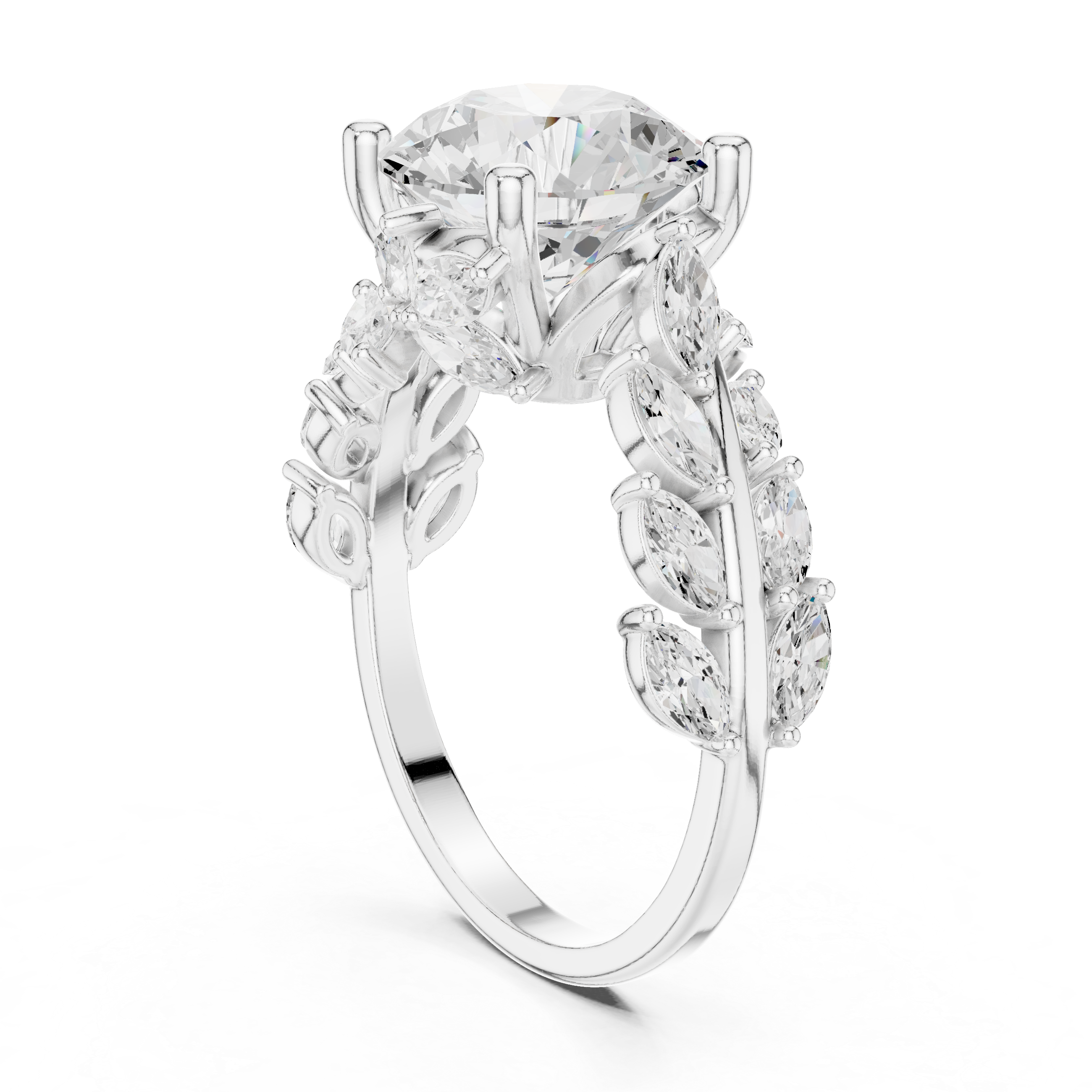 Round Diamond Solitaire Engagement Ring with Marquise Diamond Band