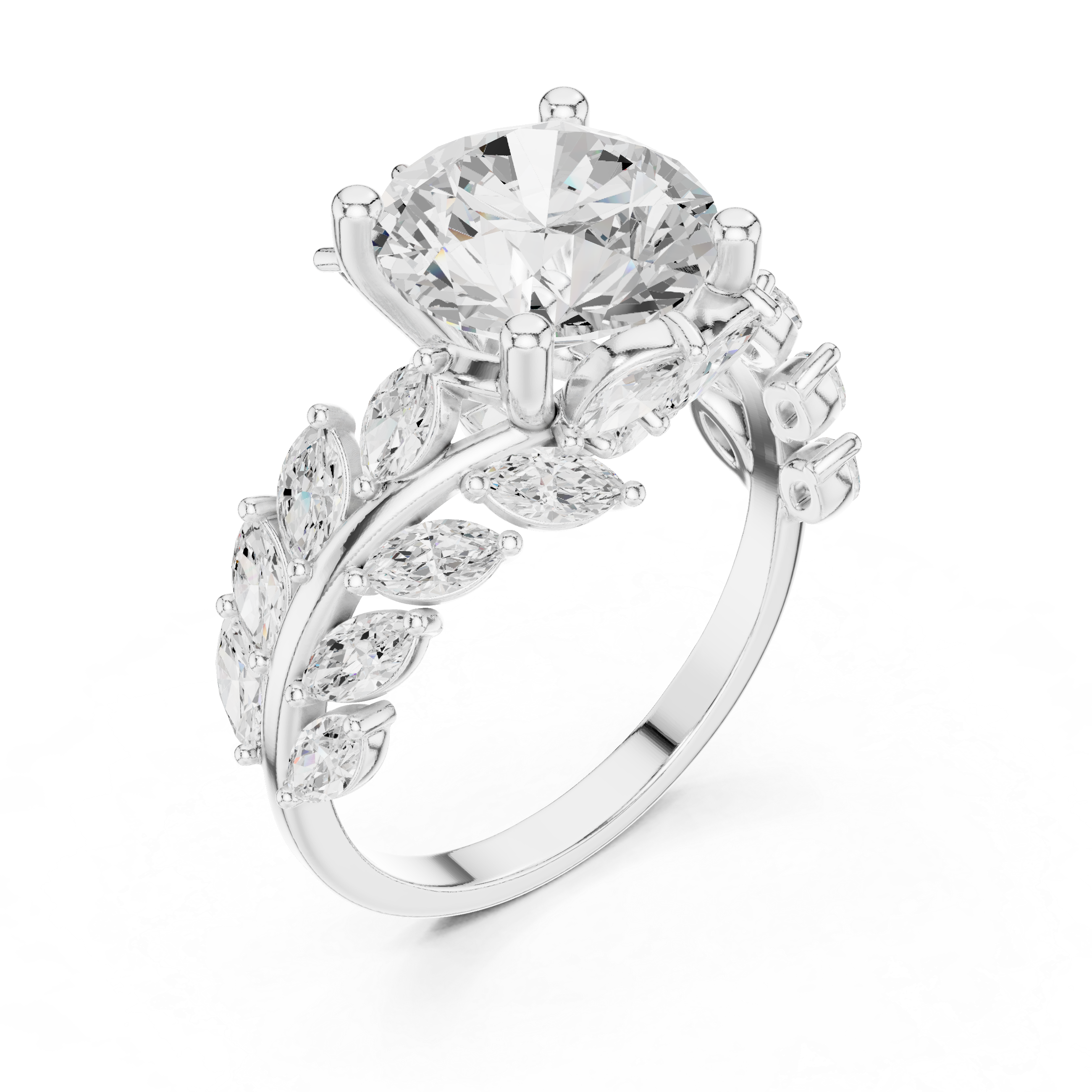 Round Diamond Solitaire Engagement Ring with Marquise Diamond Band