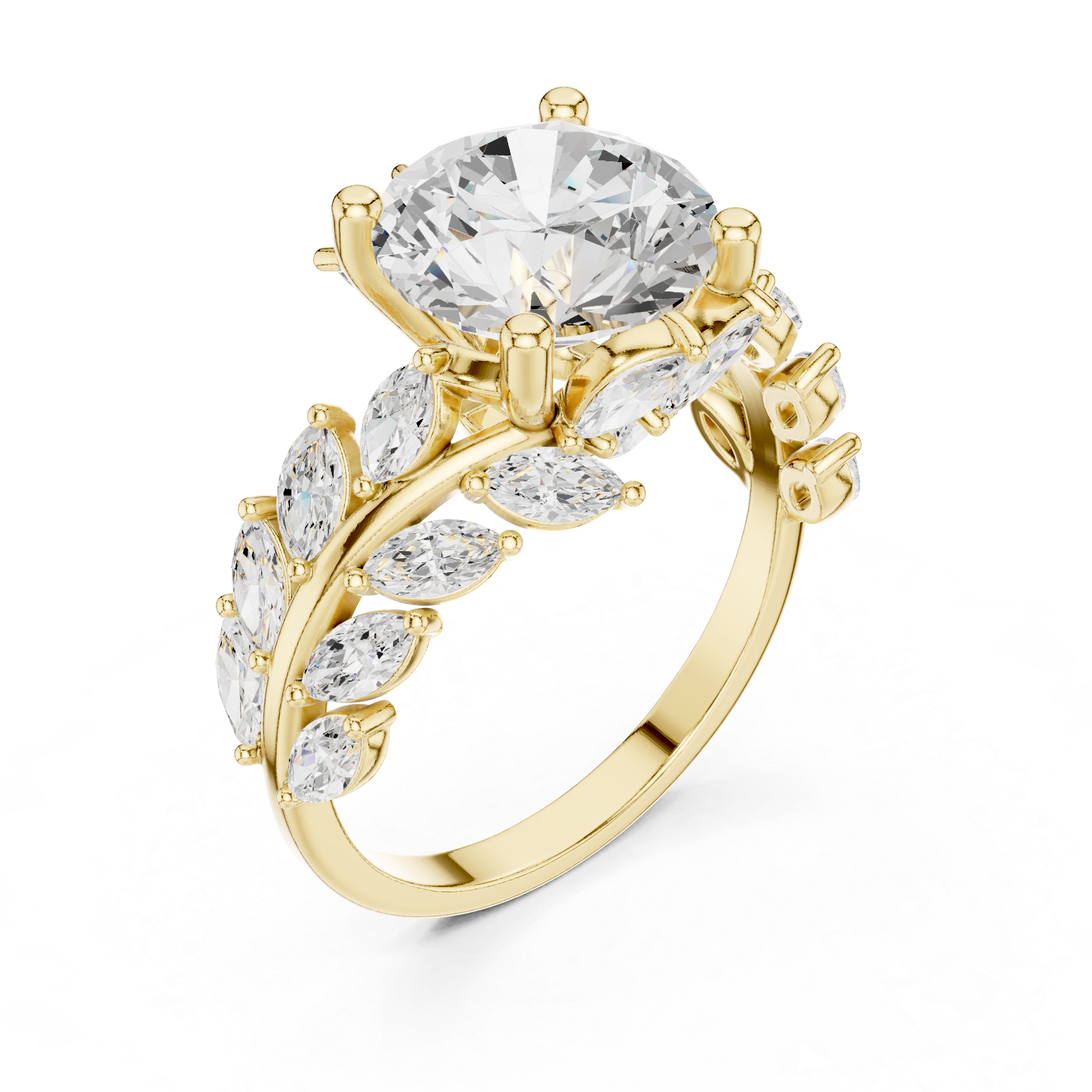 Round Diamond Solitaire Engagement Ring with Marquise Diamond Band