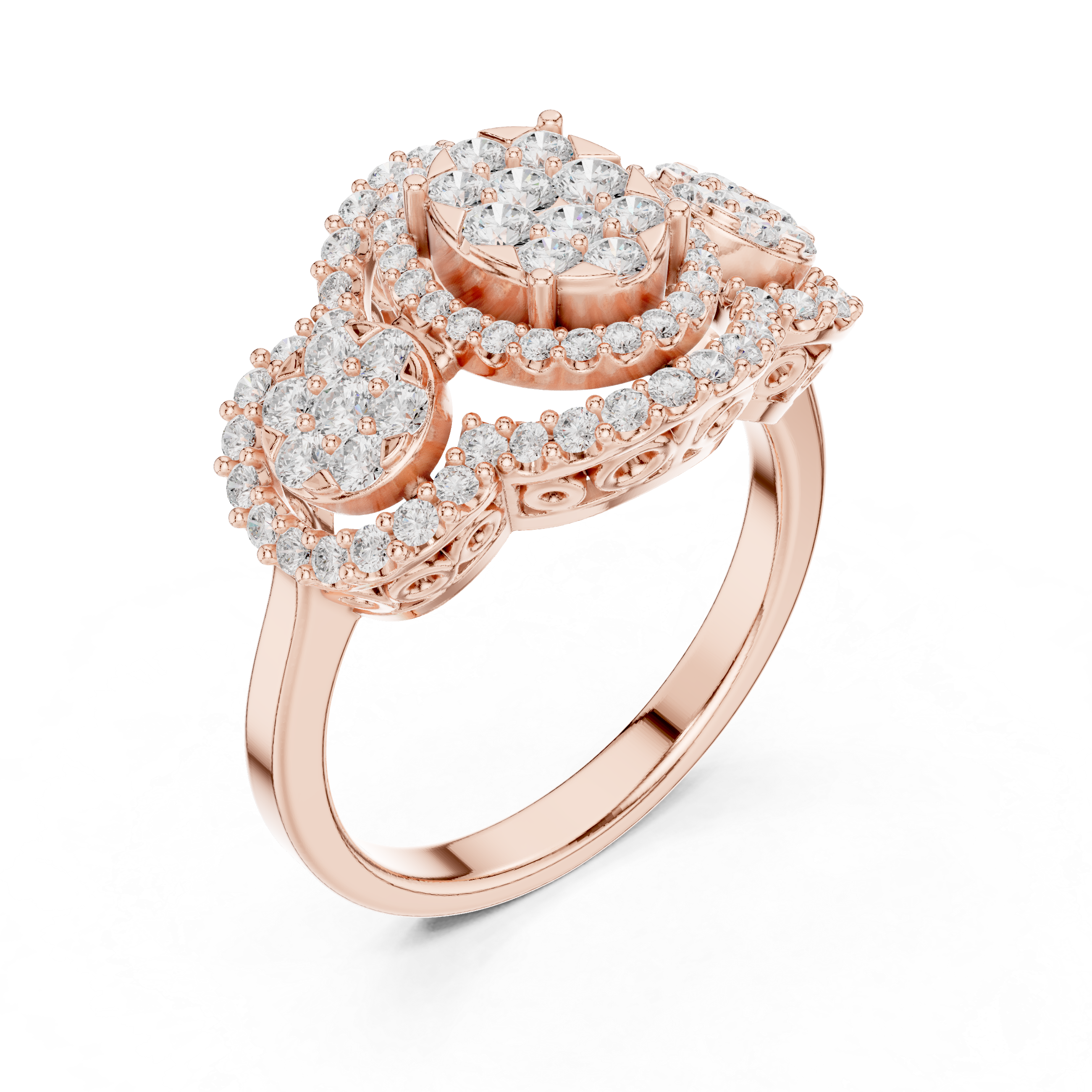 Three Stone Halo Diamond Engagement Ring