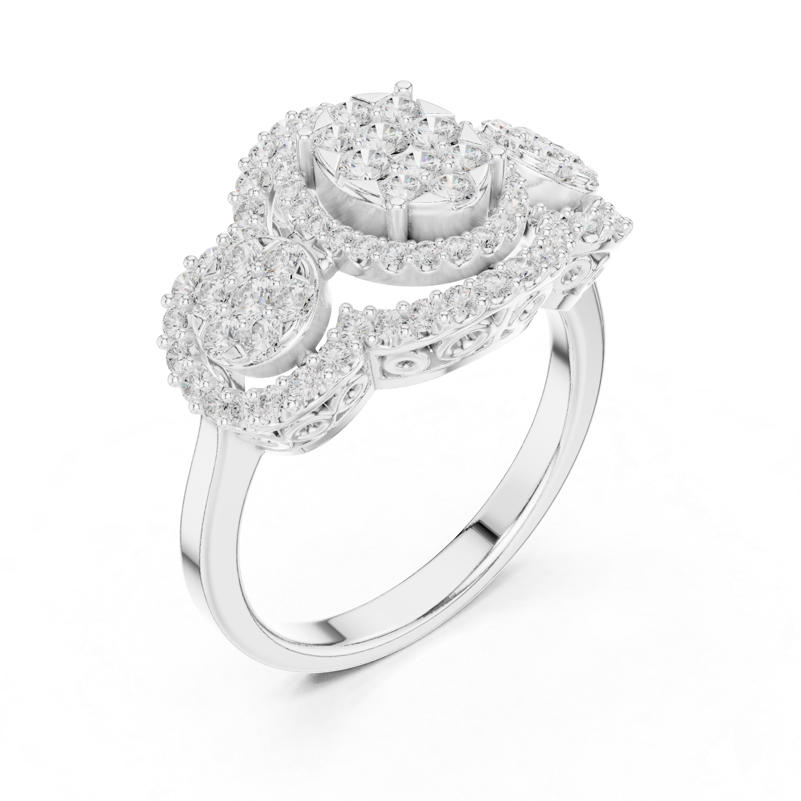 Three Stone Halo Diamond Engagement Ring