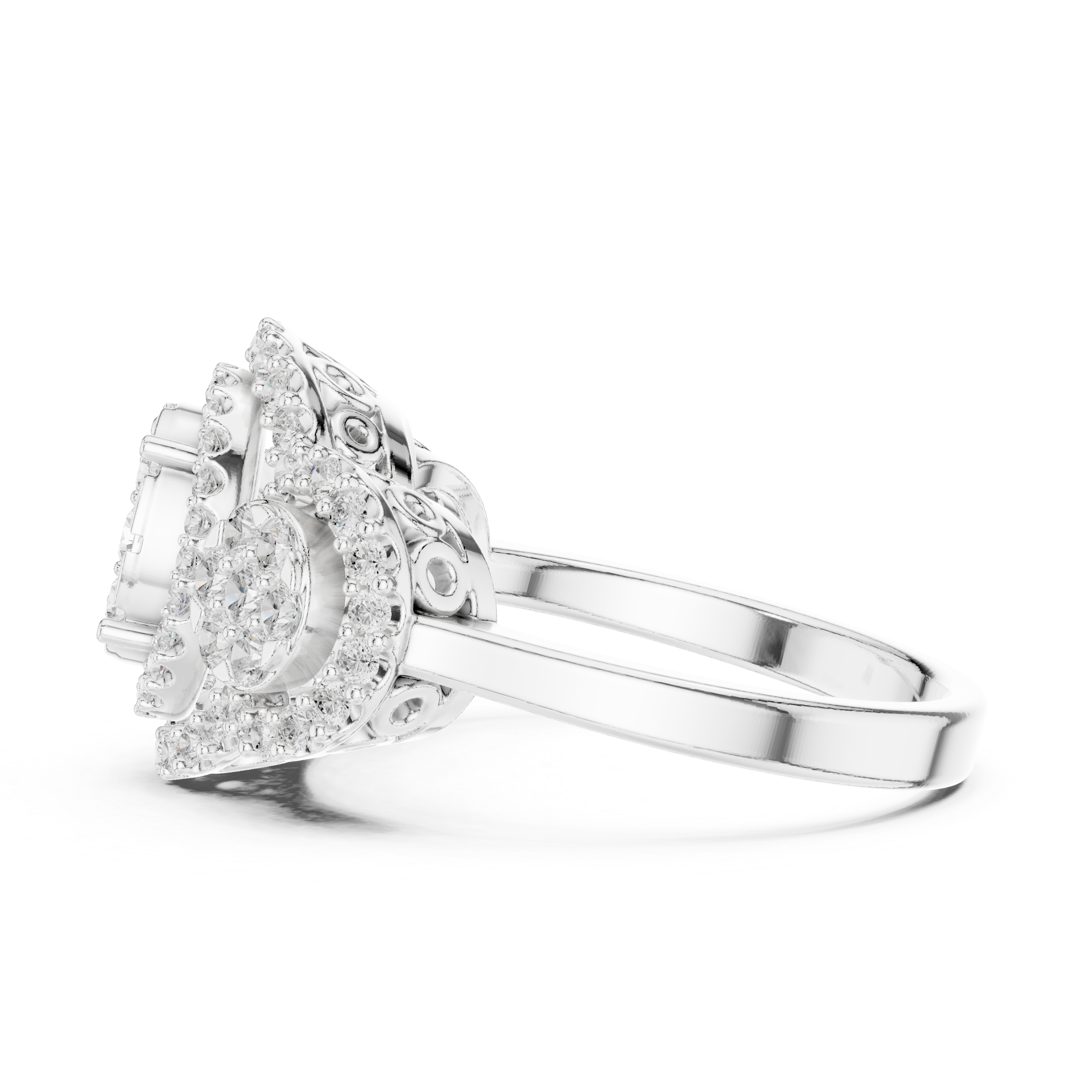 Three Stone Halo Diamond Engagement Ring