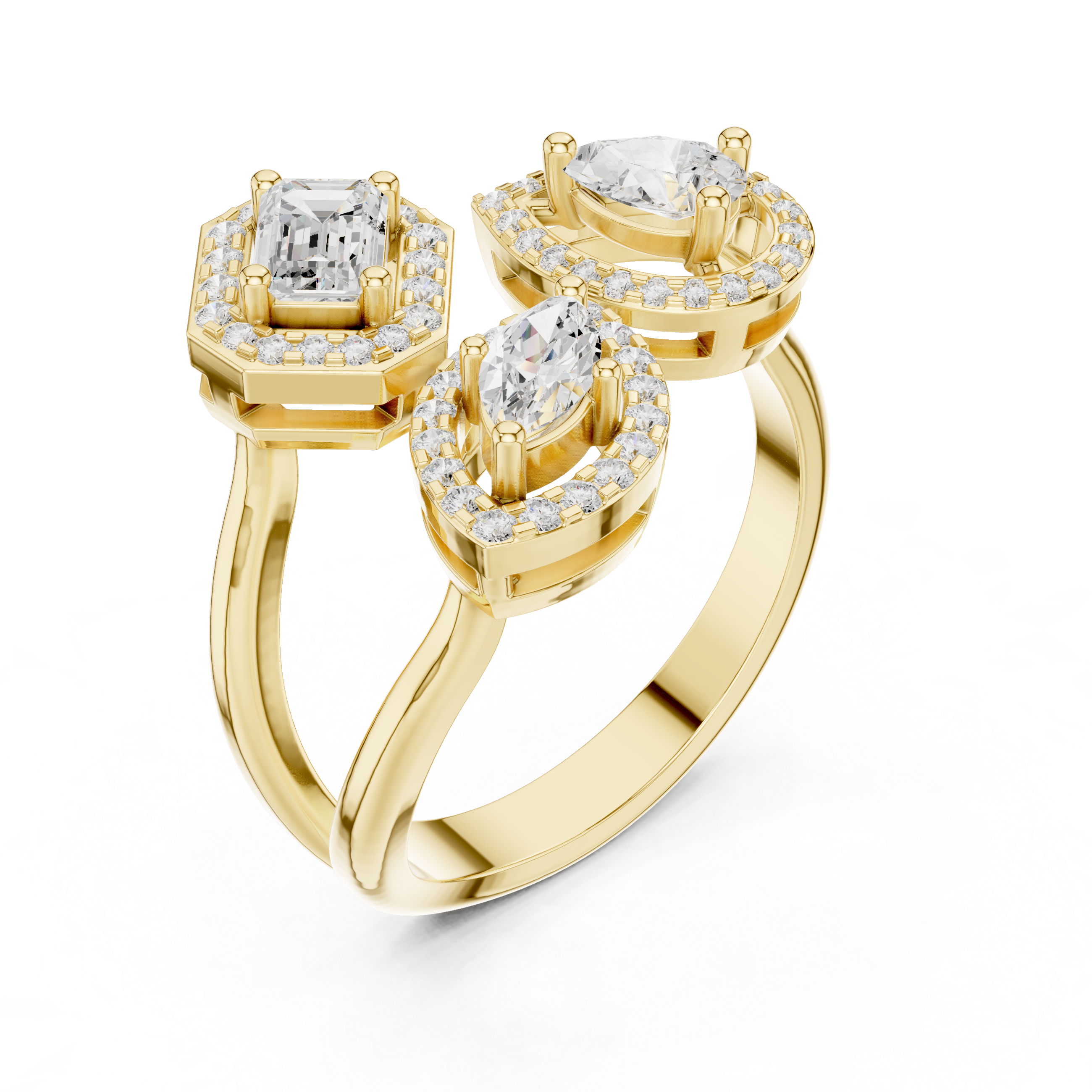 Three Stone Open Halo Diamond Ring