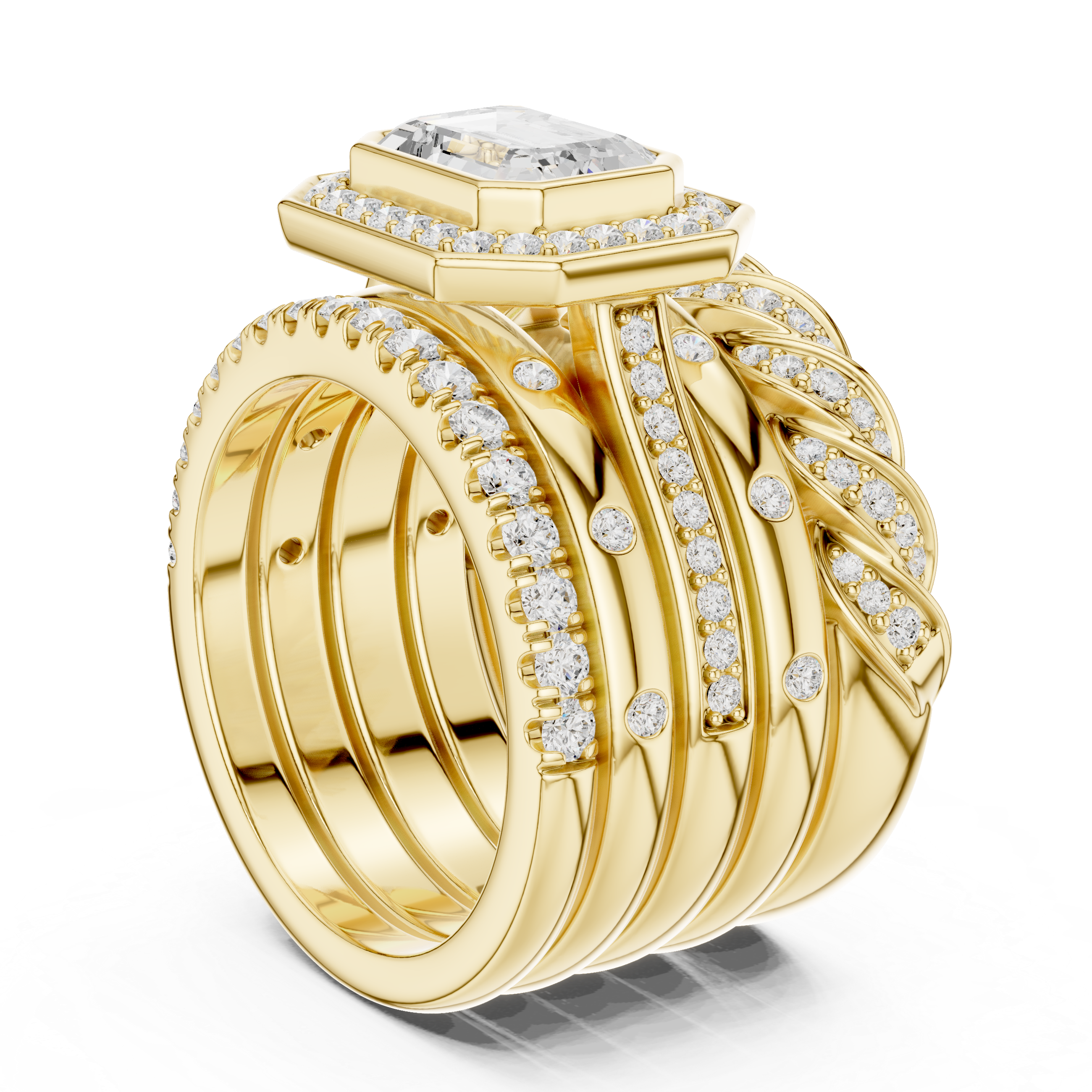 Emerald Cut Diamond Halo Bridal Ring Set with Twisted Pavé Band Stack – 2.36 CT Total Diamond Weight