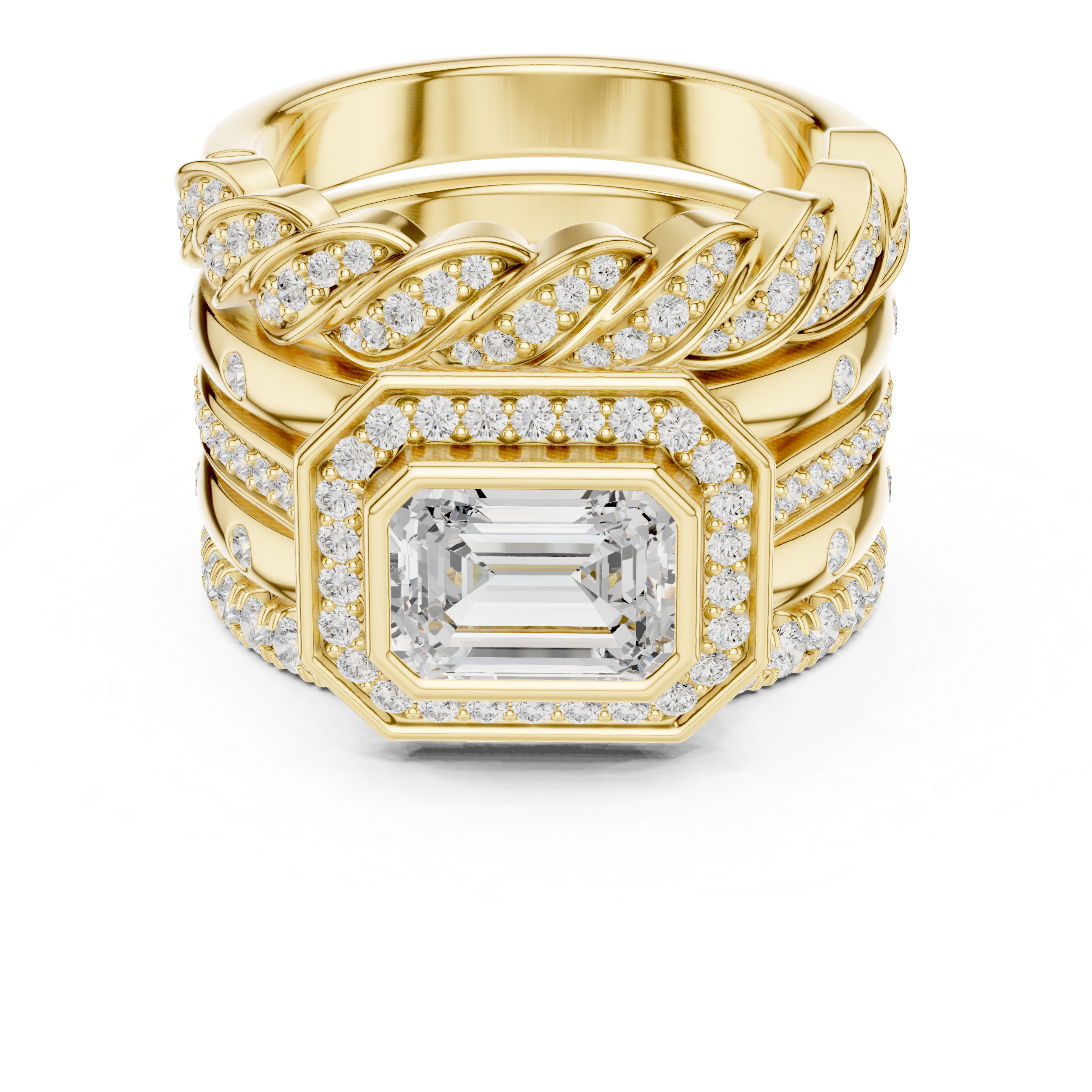 Emerald Cut Diamond Halo Bridal Ring Set with Twisted Pavé Band Stack – 2.36 CT Total Diamond Weight