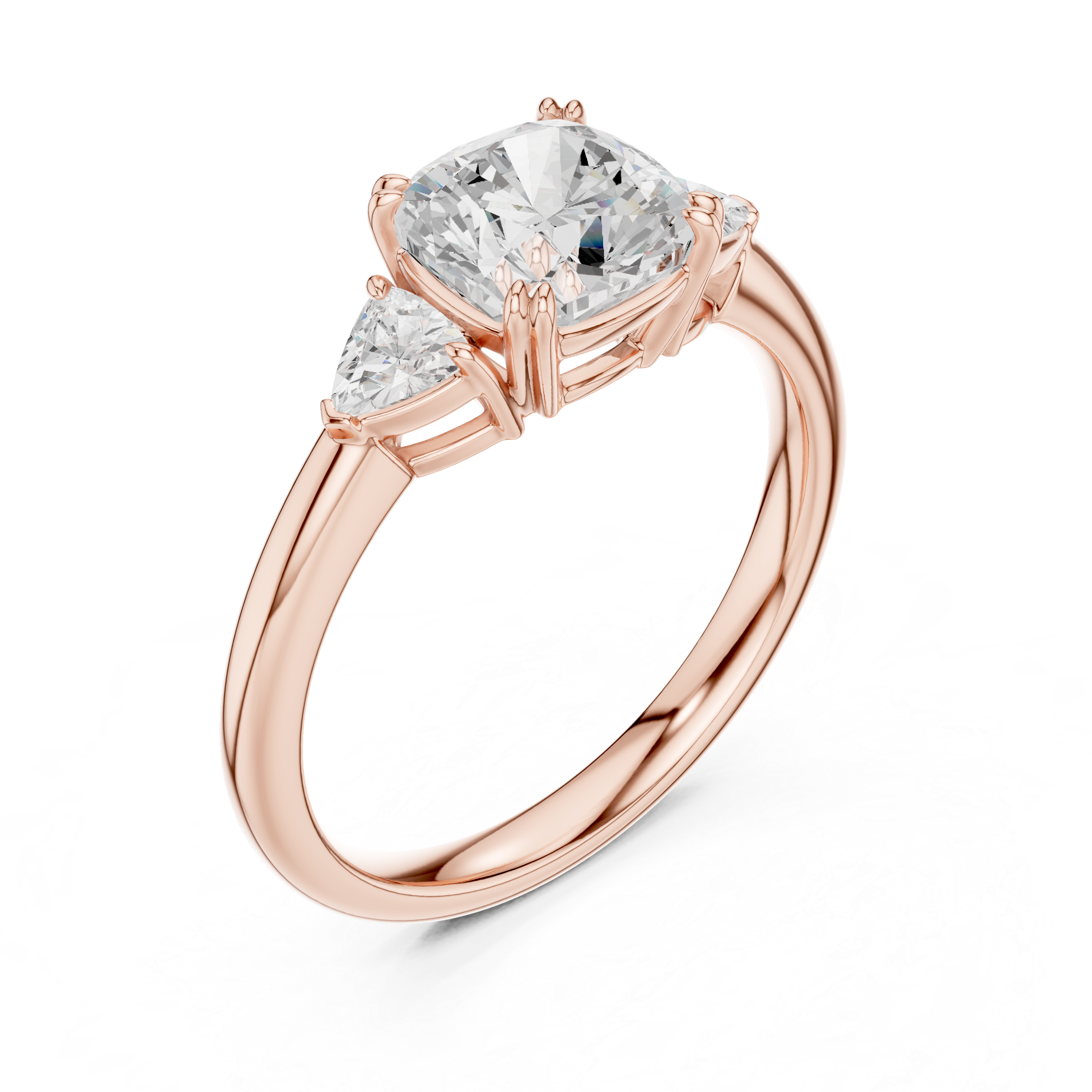 Three Stone Cushion Cut Engagement Ring with Trillion Side Diamonds – 2.40 CT Total Diamond Weight