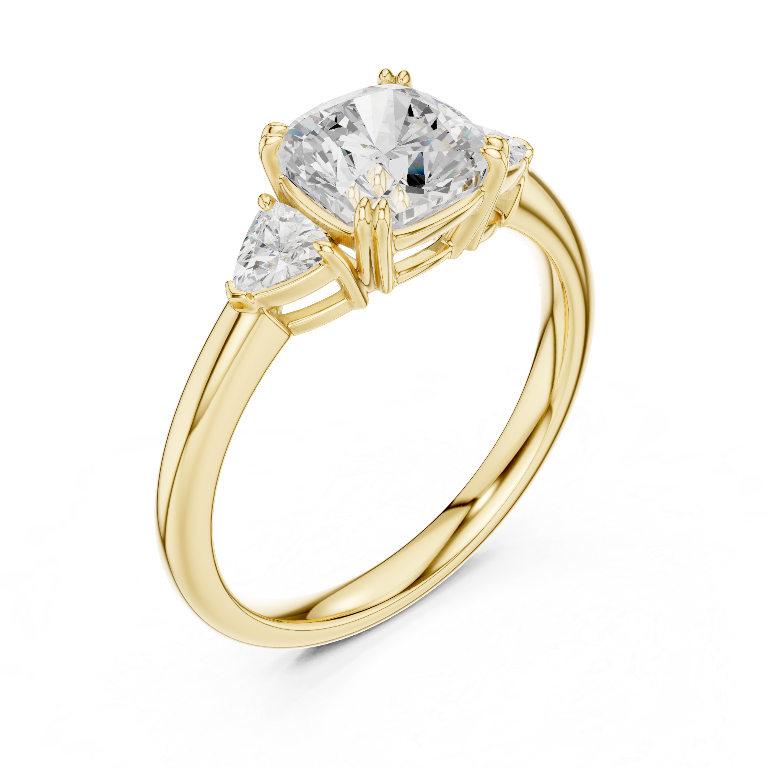Three Stone Cushion Cut Engagement Ring with Trillion Side Diamonds – 2.40 CT Total Diamond Weight