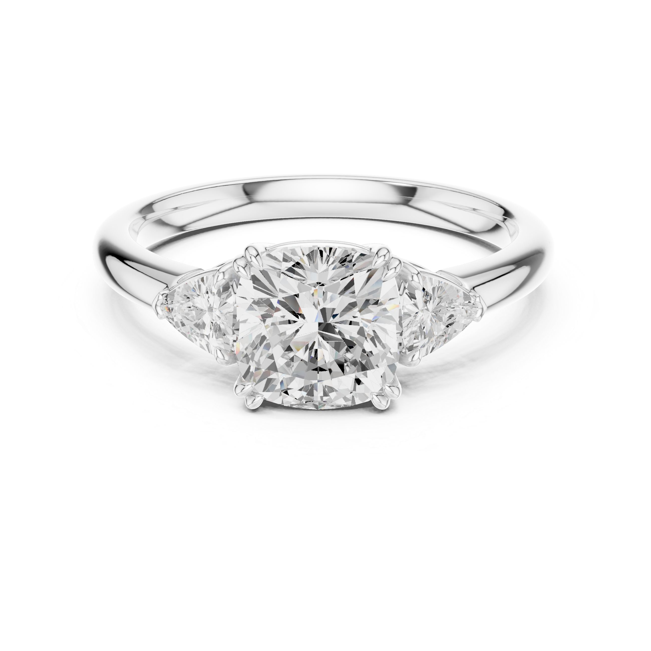 Three Stone Cushion Cut Engagement Ring with Trillion Side Diamonds – 2.40 CT Total Diamond Weight