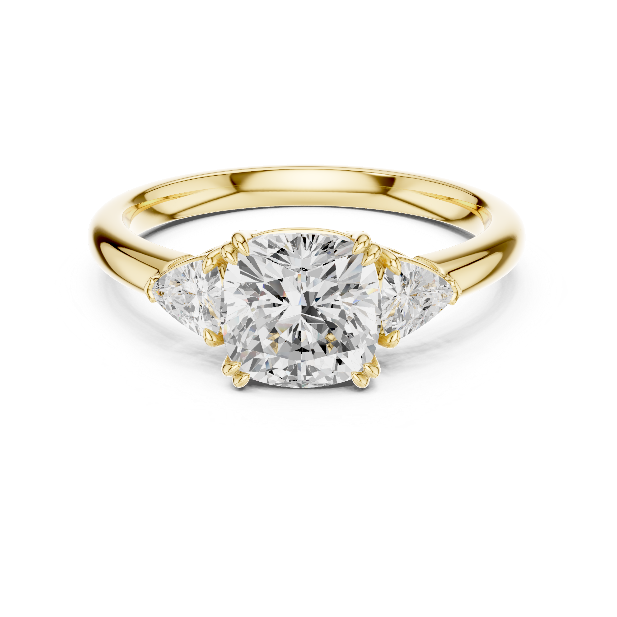 Three Stone Cushion Cut Engagement Ring with Trillion Side Diamonds – 2.40 CT Total Diamond Weight