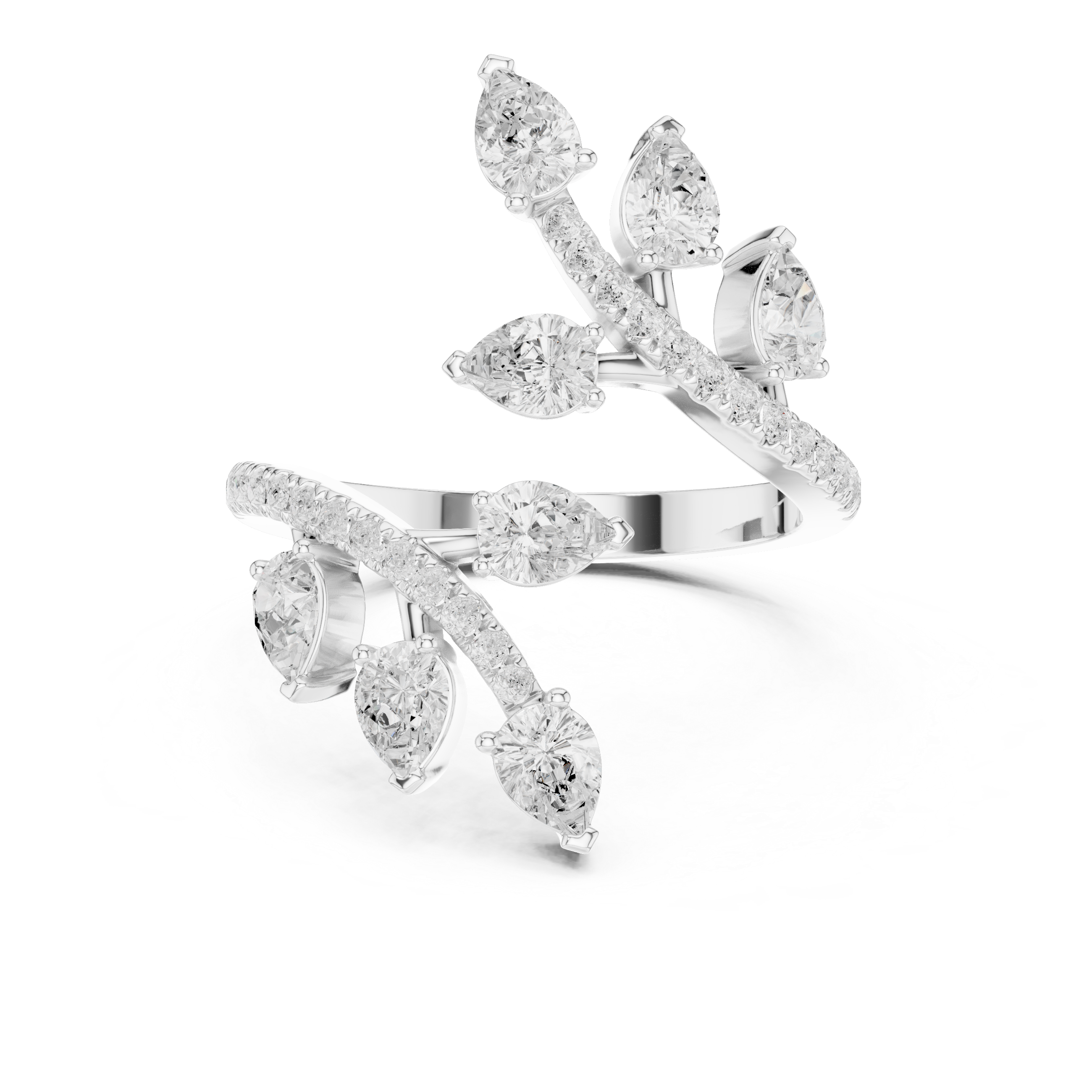 Nature Inspired Pear Diamond Wrap Ring – Open Leaf Design Statement Ring with 2.02 CT Total Diamond Weight