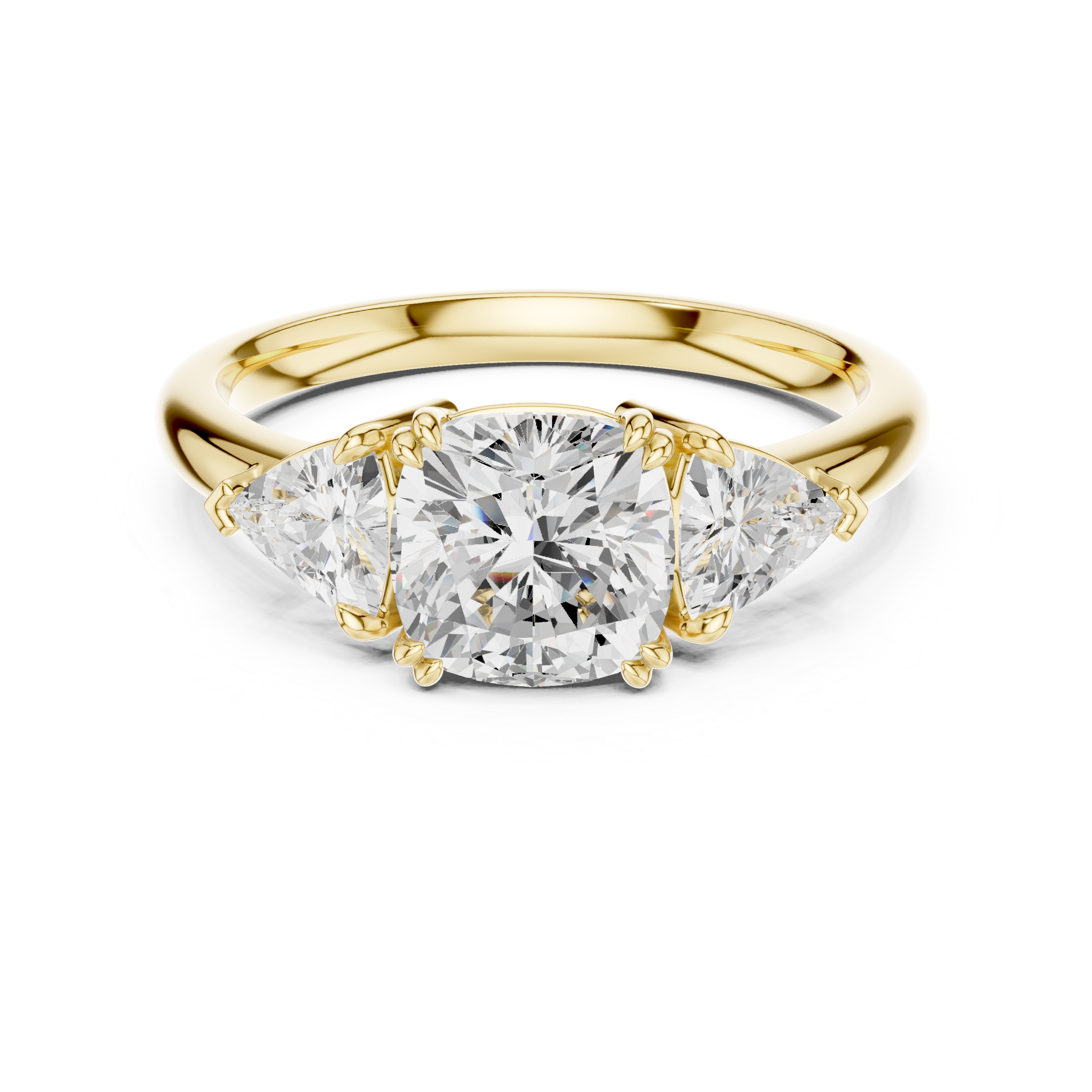 Three Stone Cushion Cut Engagement Ring with Trillion Side Diamonds – 2.60 CT Total Diamond Weight