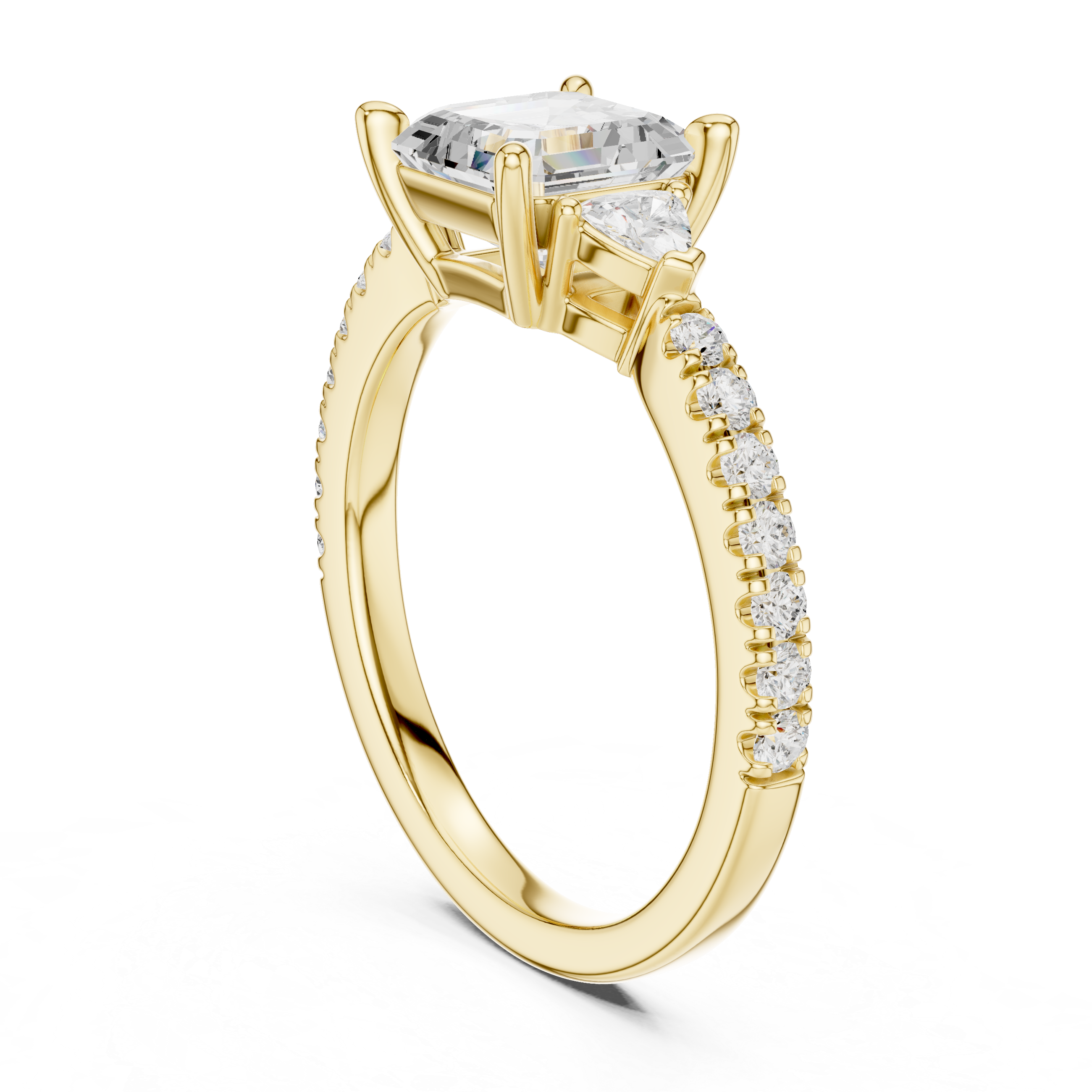 Asscher Cut Three-Stone Engagement Ring with Trillion Side Diamonds and Pavé Band – 1.96 CT Total Weight