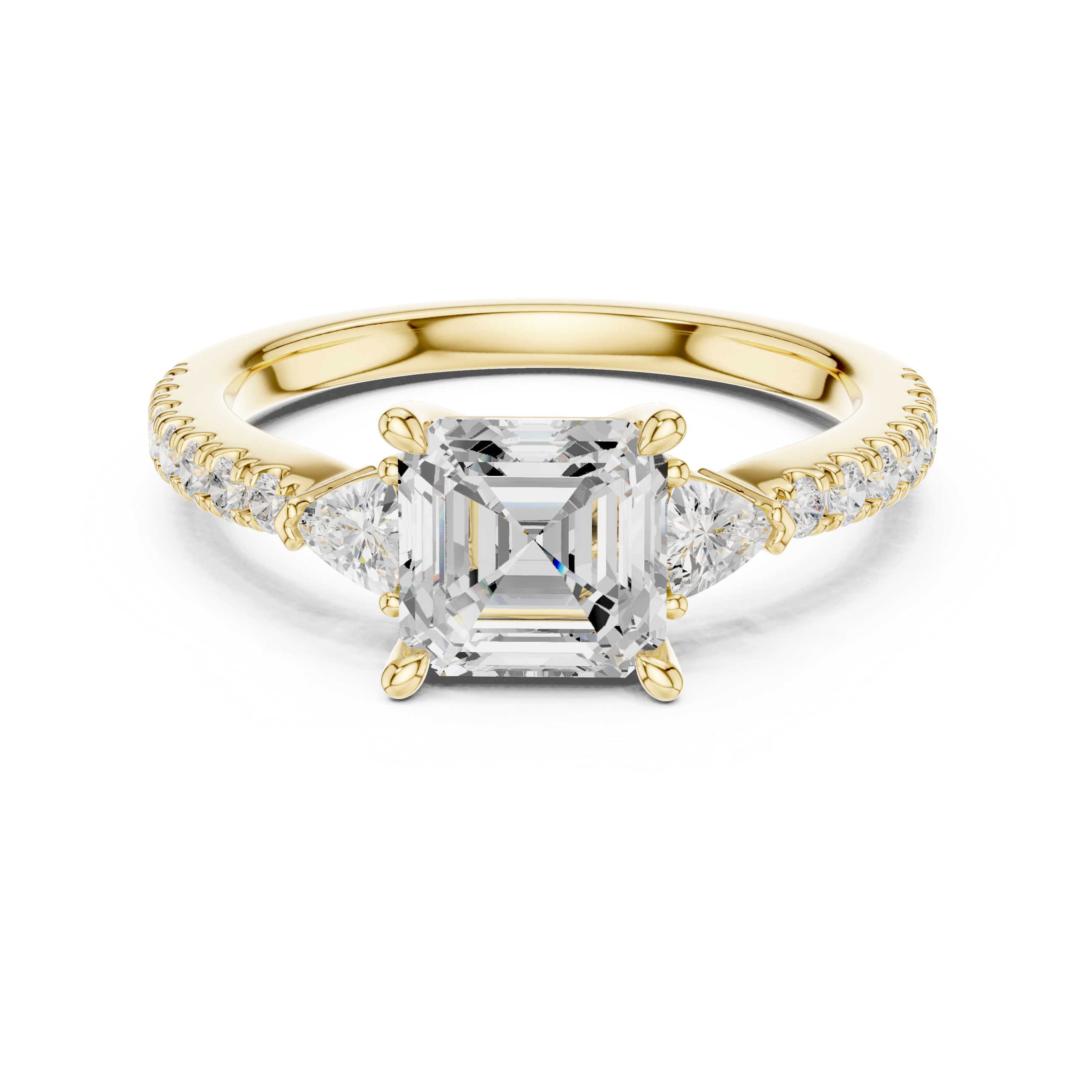 Asscher Cut Three-Stone Engagement Ring with Trillion Side Diamonds and Pavé Band – 1.96 CT Total Weight