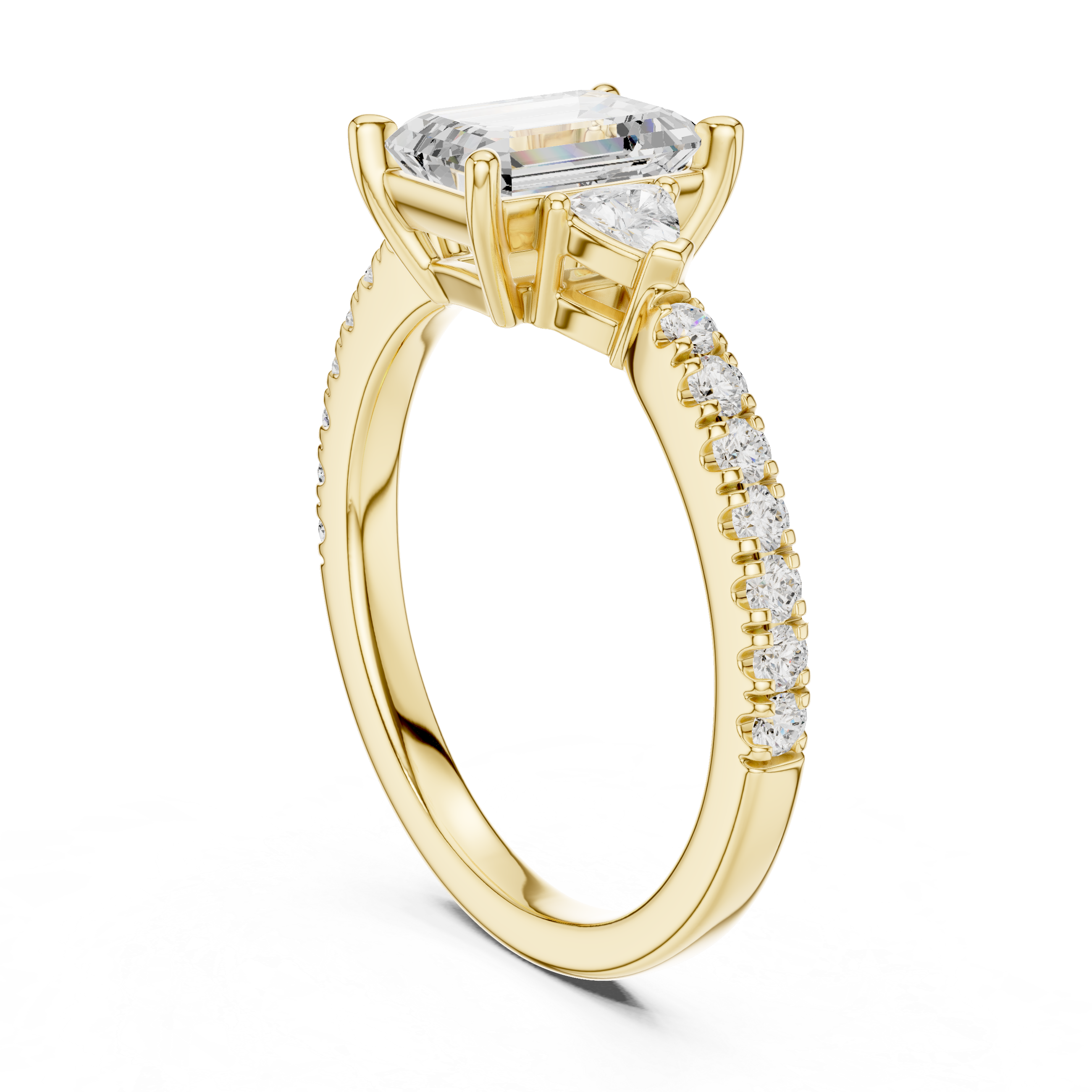 Emerald Cut Three-Stone Engagement Ring with Trillion Side Diamonds and Pavé Band – 1.96 CT Total Weight
