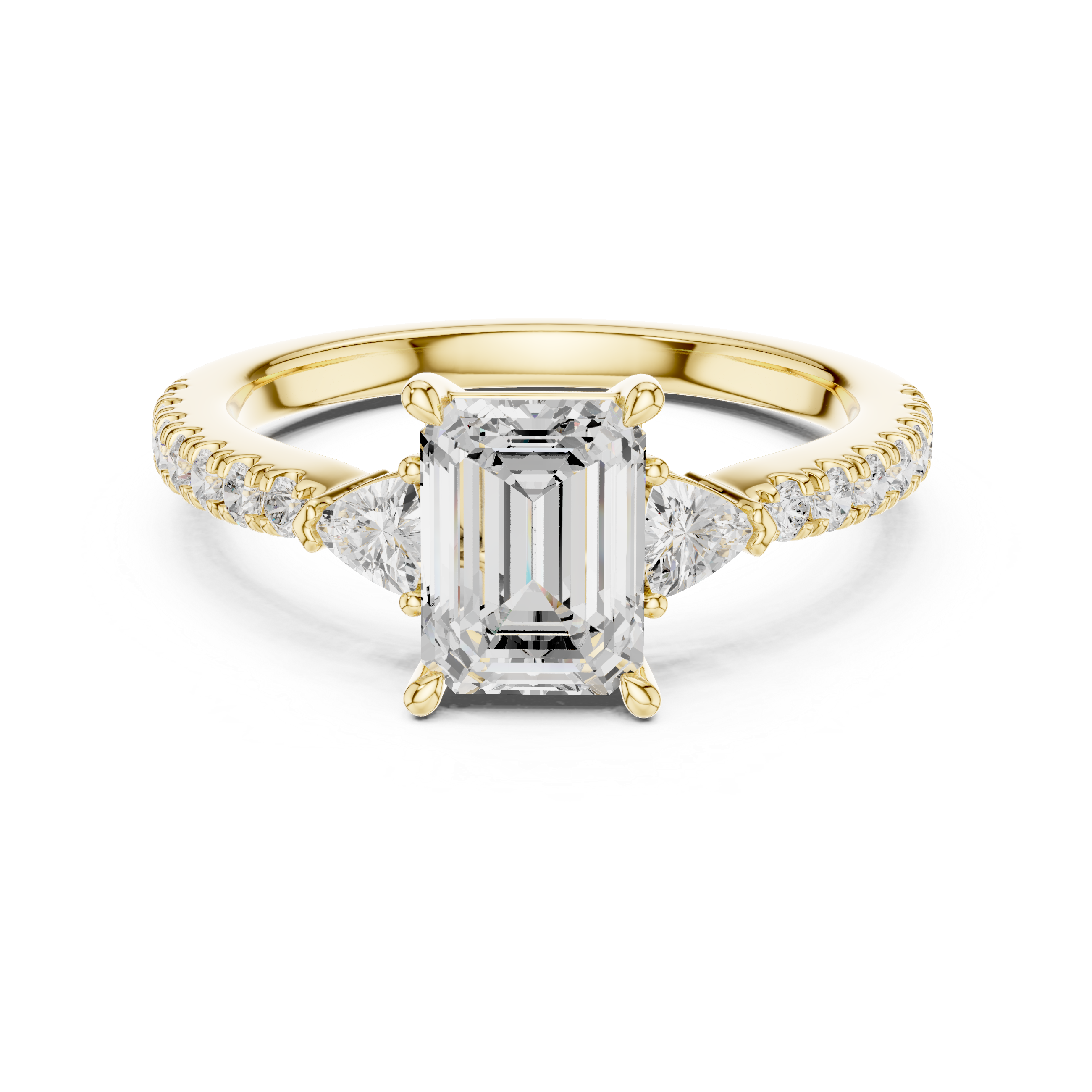 Emerald Cut Three-Stone Engagement Ring with Trillion Side Diamonds and Pavé Band – 1.96 CT Total Weight