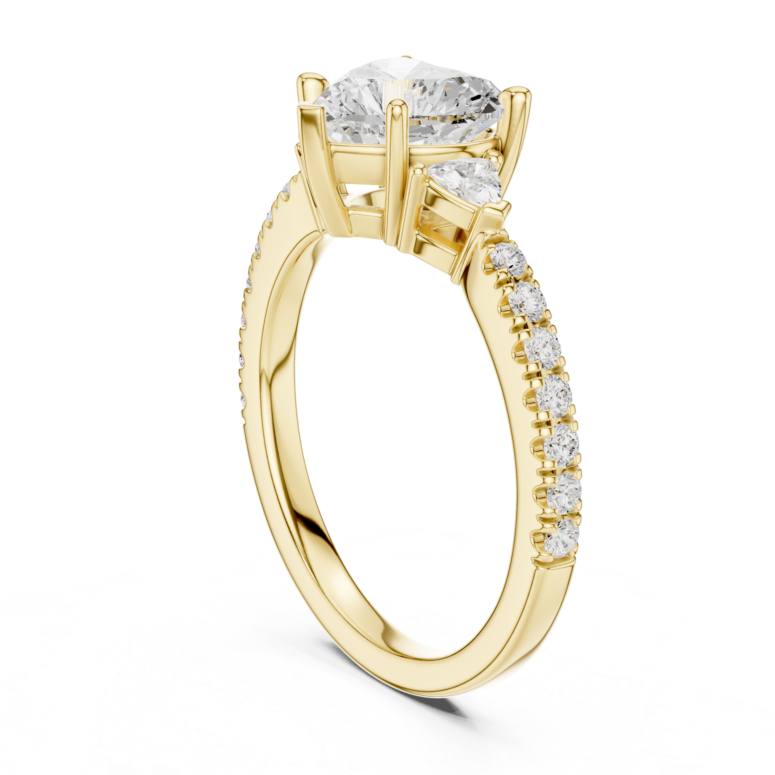 Heart Cut Three-Stone Engagement Ring with Trillion Side Diamonds and Pavé Band – 1.96 CT Total Weight