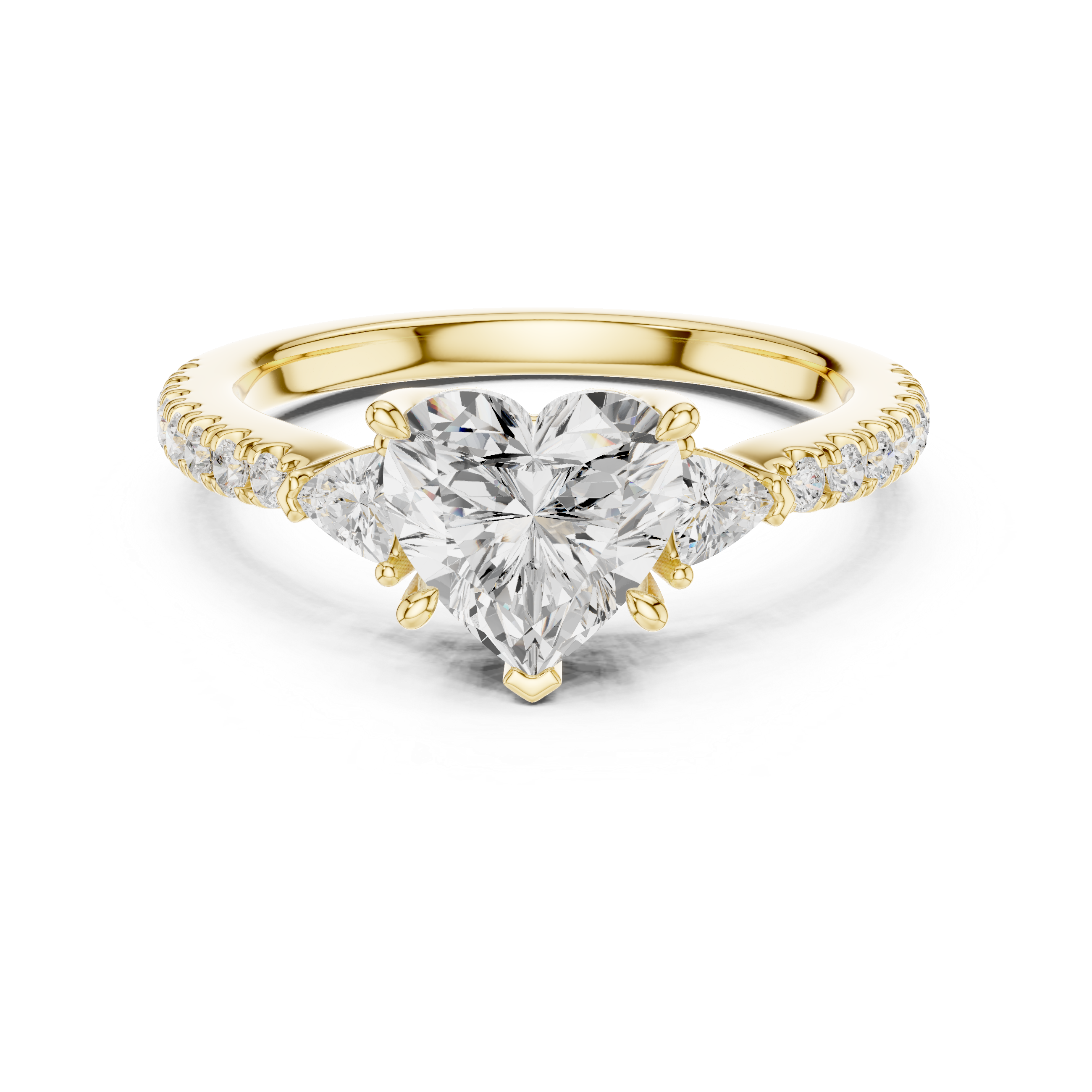 Heart Cut Three-Stone Engagement Ring with Trillion Side Diamonds and Pavé Band – 1.96 CT Total Weight