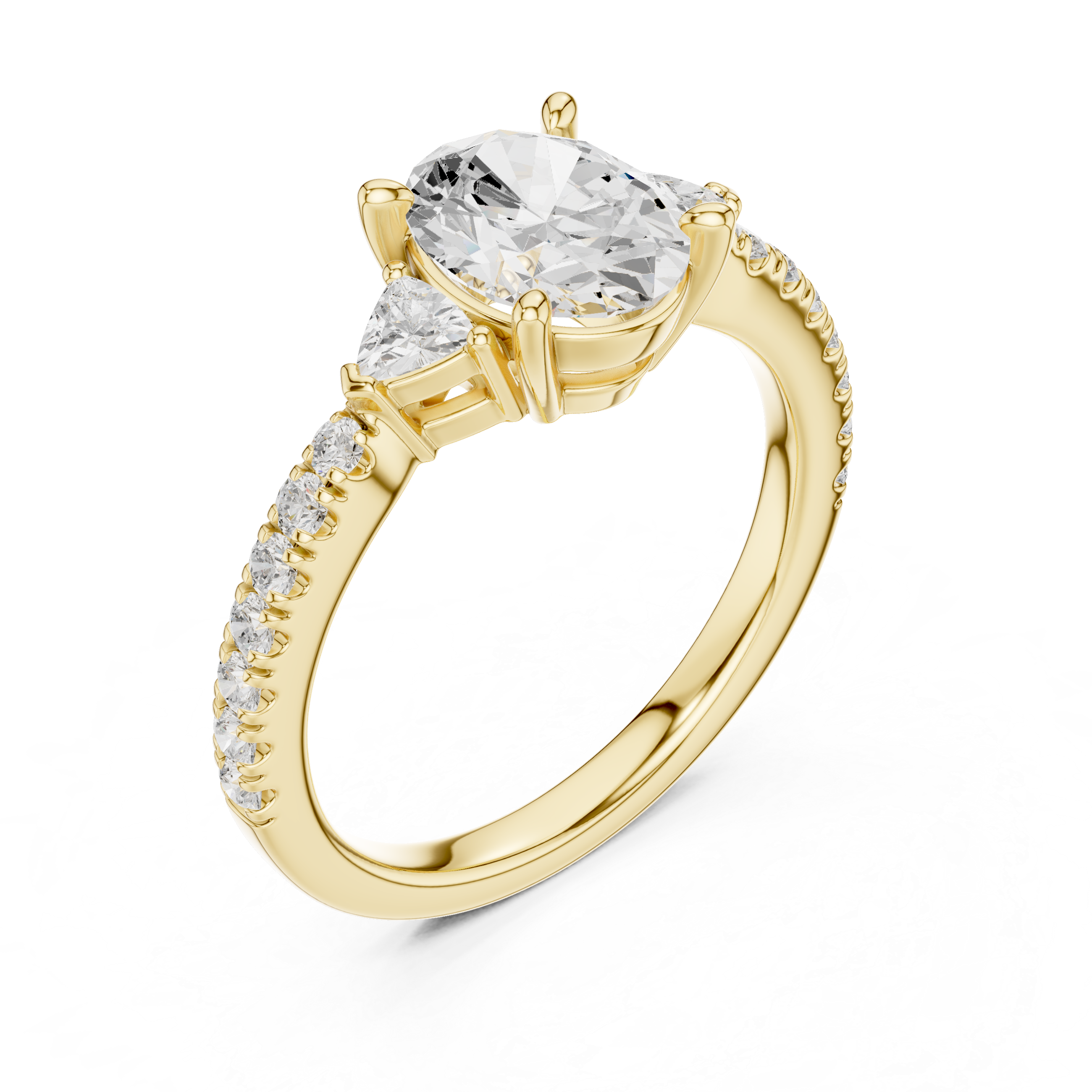 Oval Cut Three-Stone Engagement Ring with Trillion Side Diamonds and Pavé Band – 1.96 CT Total Weight