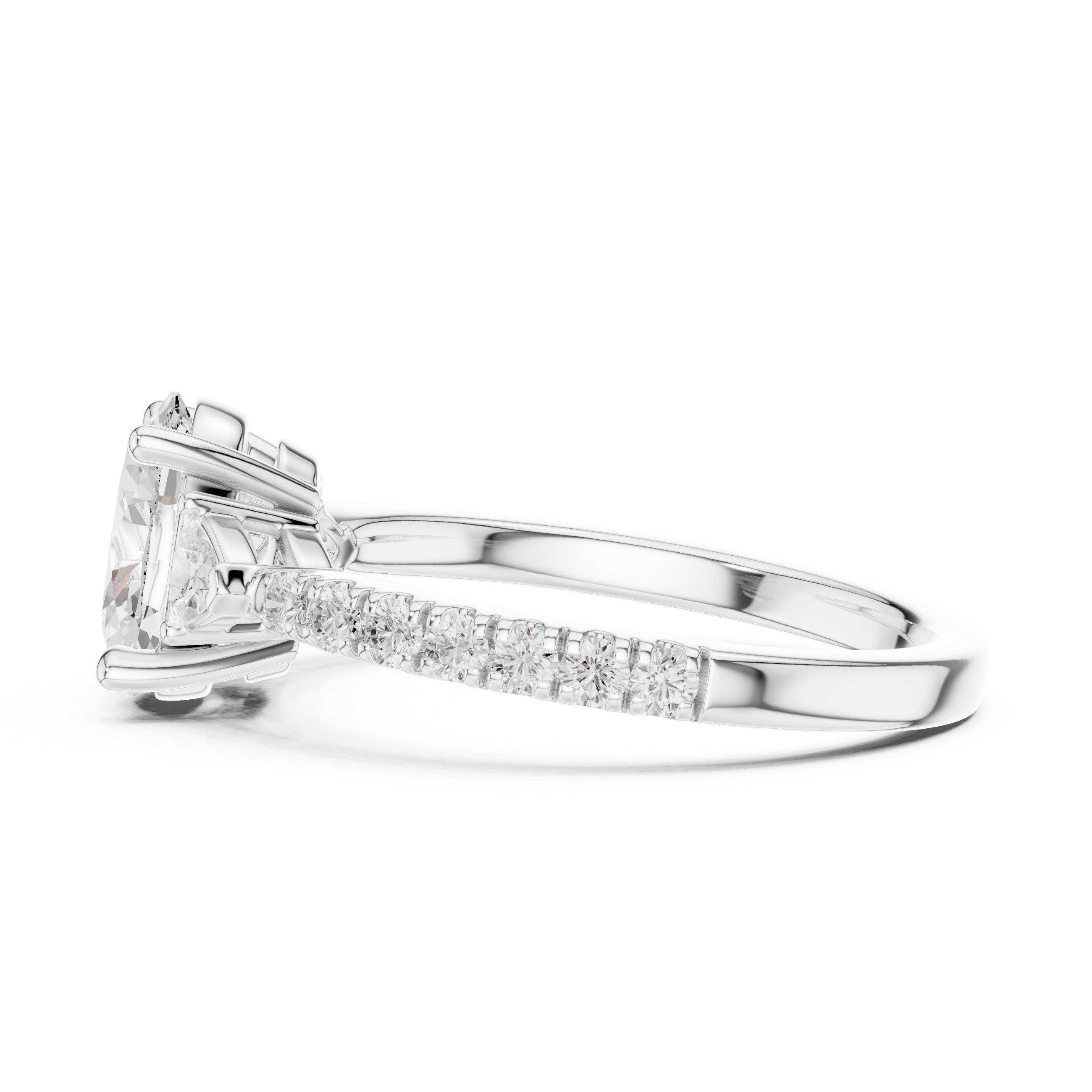 Oval Cut Three-Stone Engagement Ring with Trillion Side Diamonds and Pavé Band – 1.96 CT Total Weight