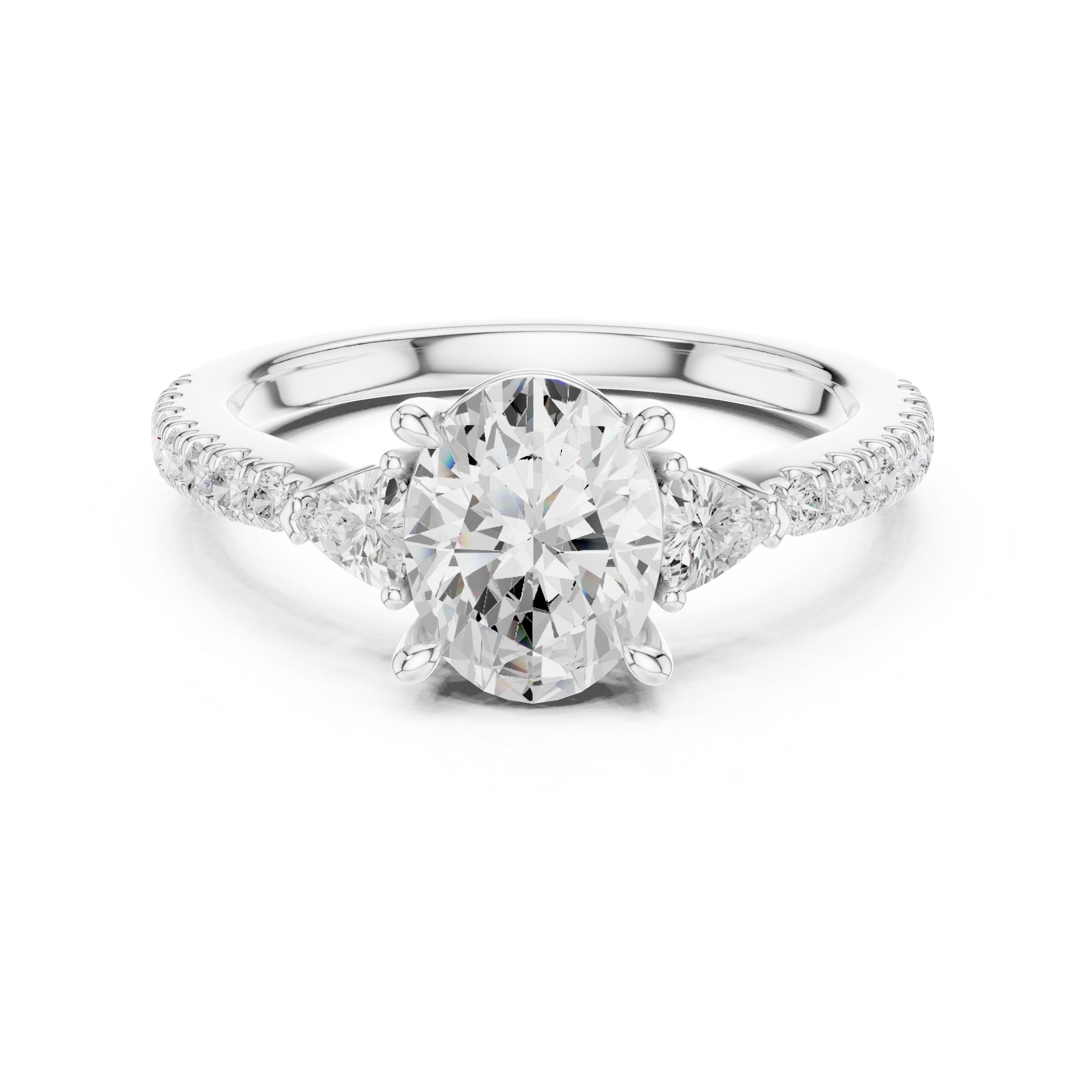 Oval Cut Three-Stone Engagement Ring with Trillion Side Diamonds and Pavé Band – 1.96 CT Total Weight
