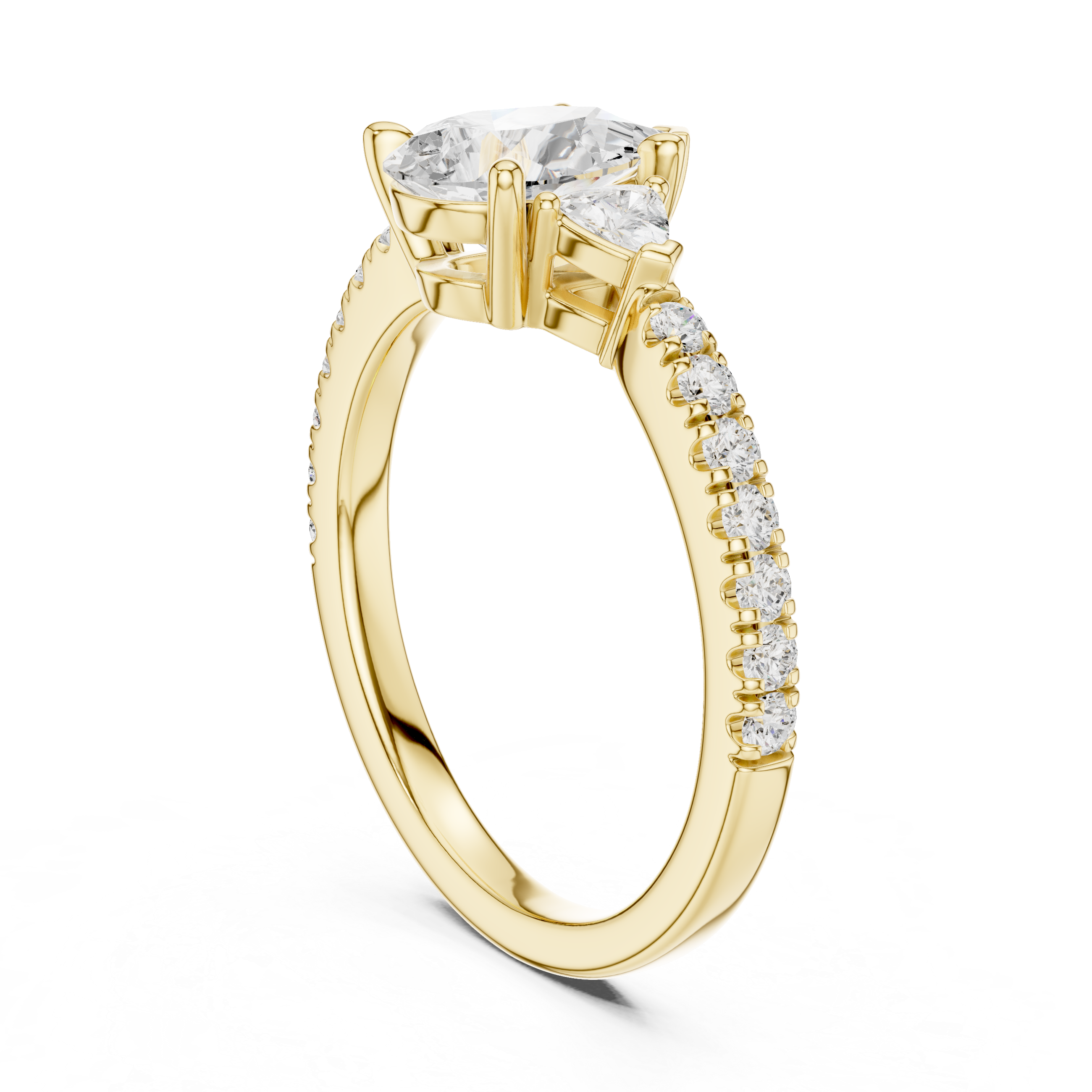 Pear Cut Three-Stone Engagement Ring with Trillion Side Diamonds and Pavé Band – 1.96 CT Total Weight