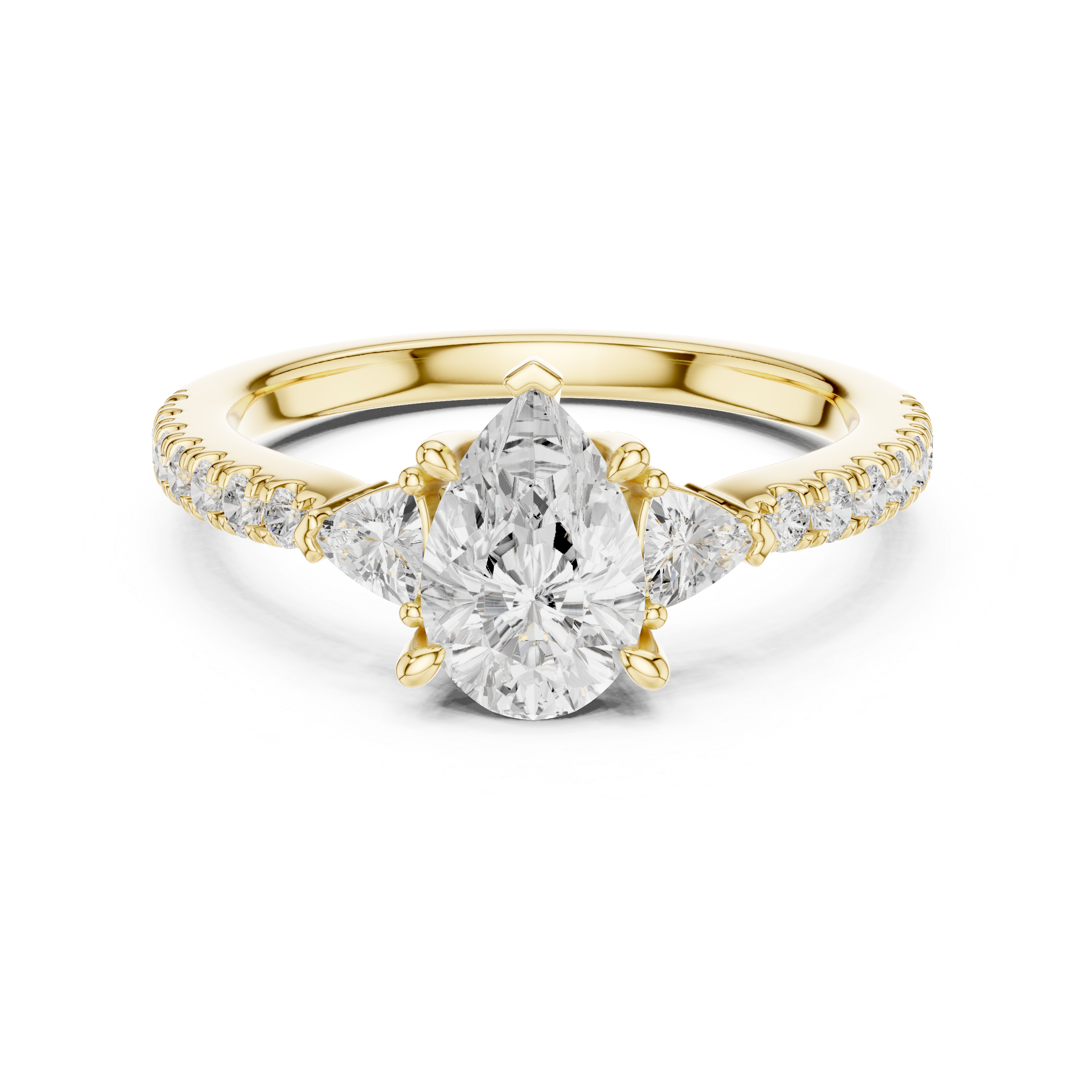 Pear Cut Three-Stone Engagement Ring with Trillion Side Diamonds and Pavé Band – 1.96 CT Total Weight