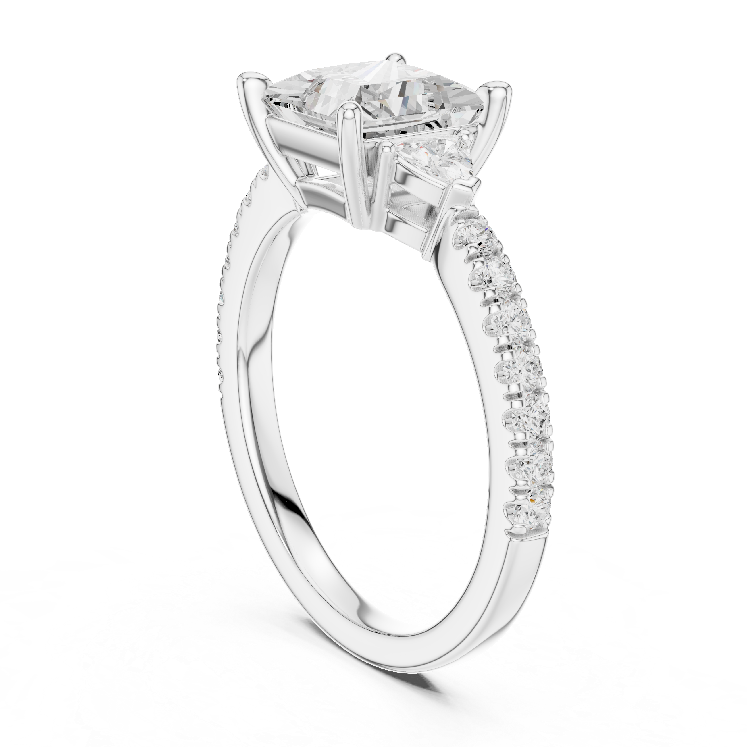 Princess Cut Three-Stone Engagement Ring with Trillion Side Diamonds and Pavé Band – 1.96 CT Total Weight