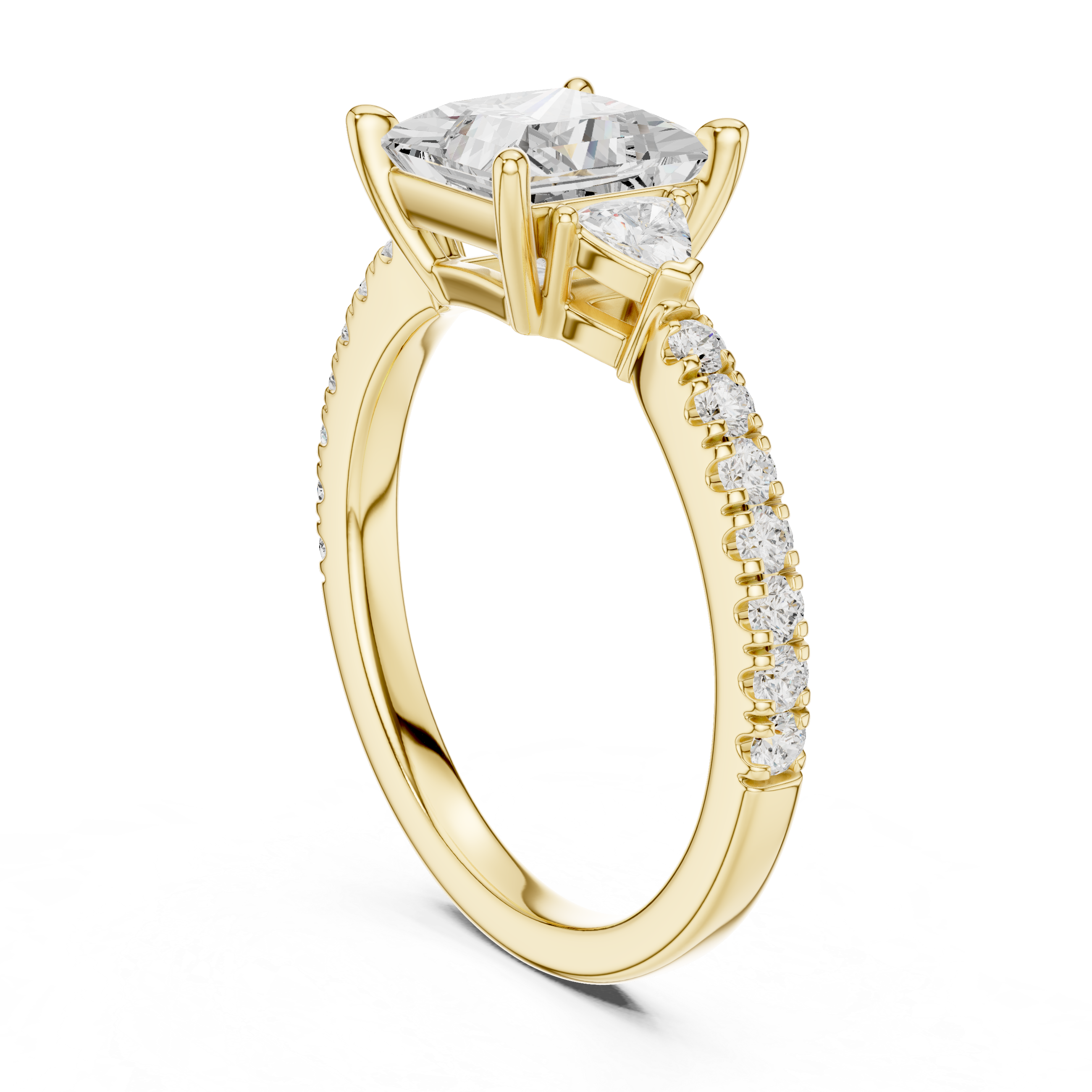 Princess Cut Three-Stone Engagement Ring with Trillion Side Diamonds and Pavé Band – 1.96 CT Total Weight