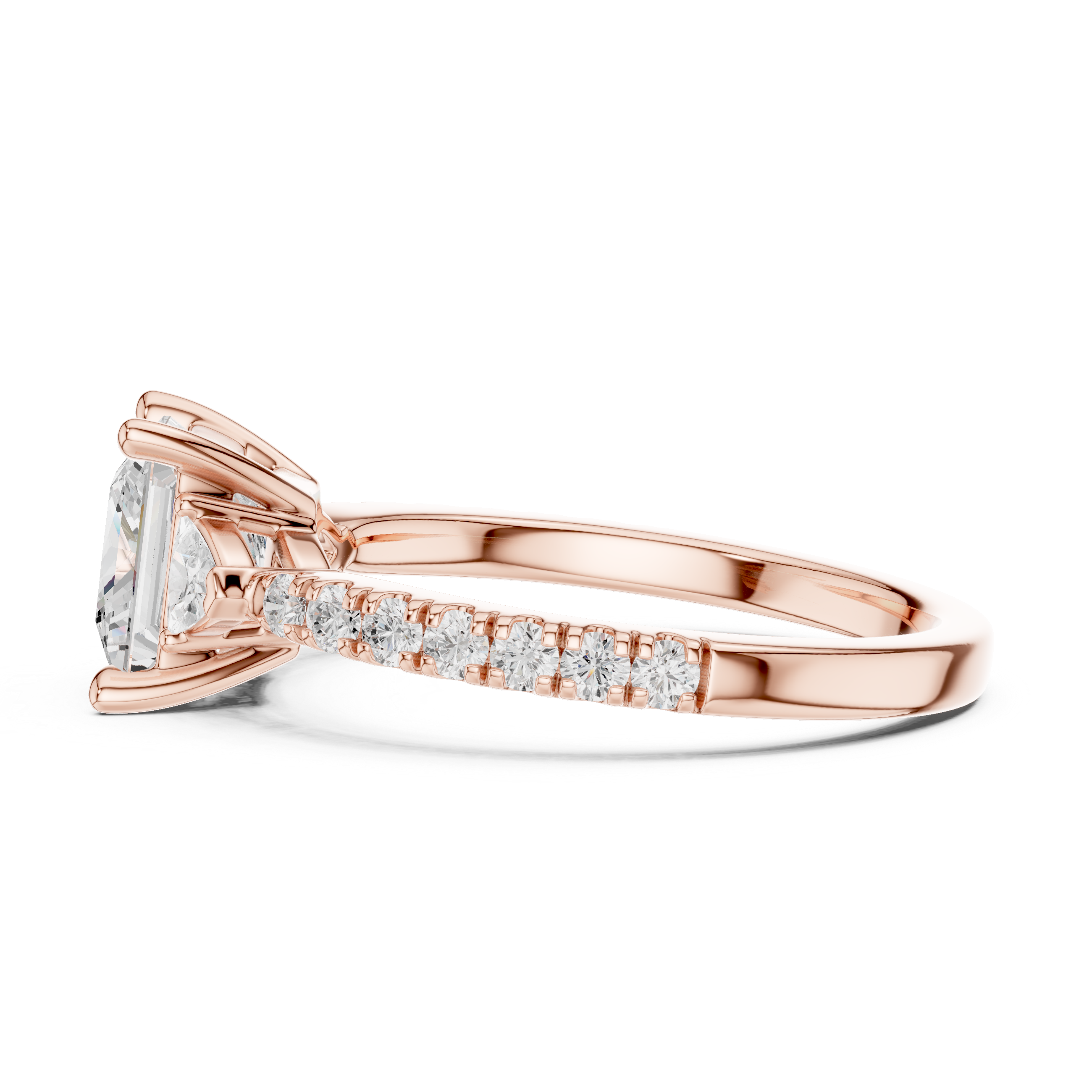 Princess Cut Three-Stone Engagement Ring with Trillion Side Diamonds and Pavé Band – 1.96 CT Total Weight